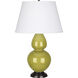 Double Gourd 31 inch 150 watt Citron Glazed Ceramic with Deep Patina Bronze Table Lamp Portable Light in Pearl Dupioni