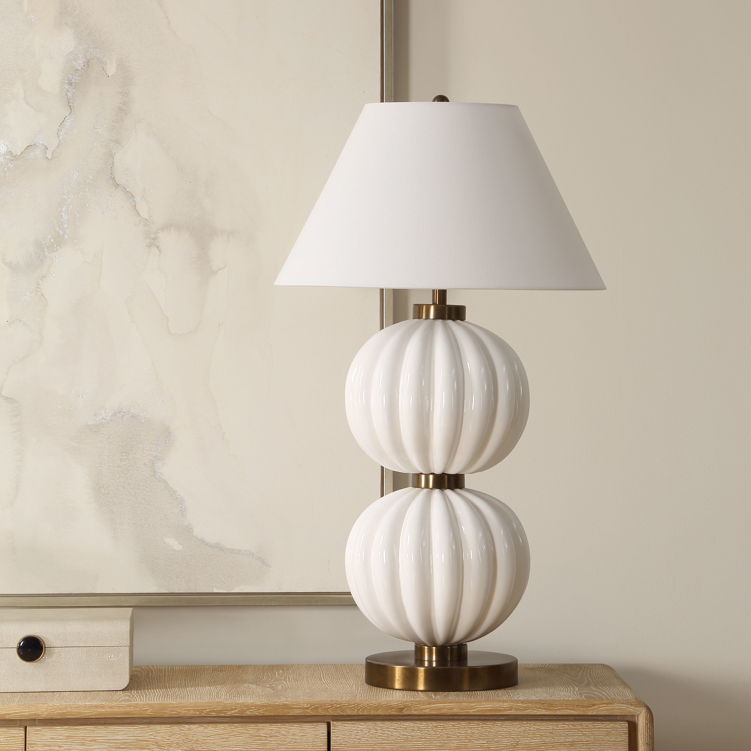 Irena 38.5 inch 150 watt Glossy White Glaze and Antiqued Brass Table Lamp Portable Light