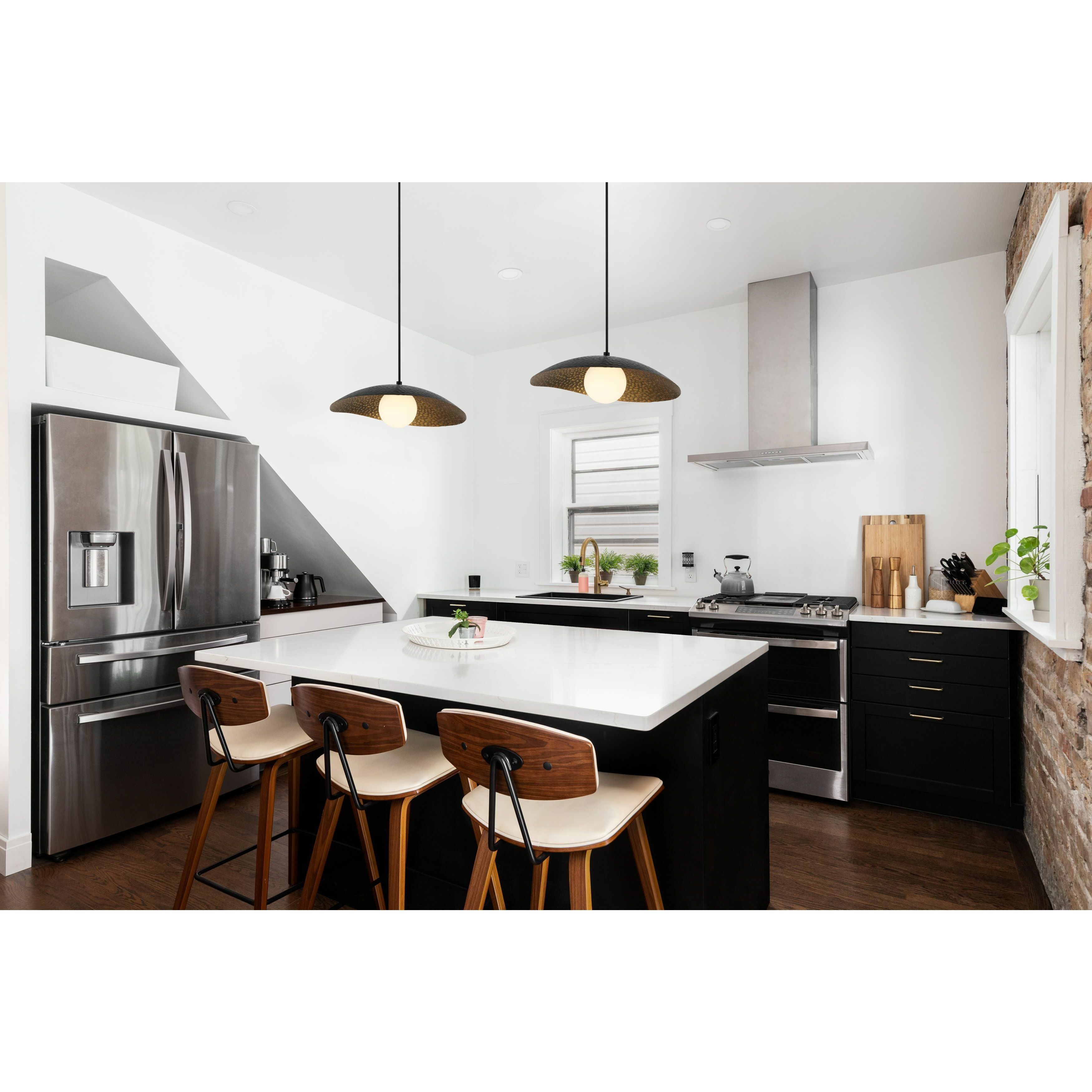 Yates LED 14 inch Black and Antique Brushed Brass and Opal Pendant Ceiling Light