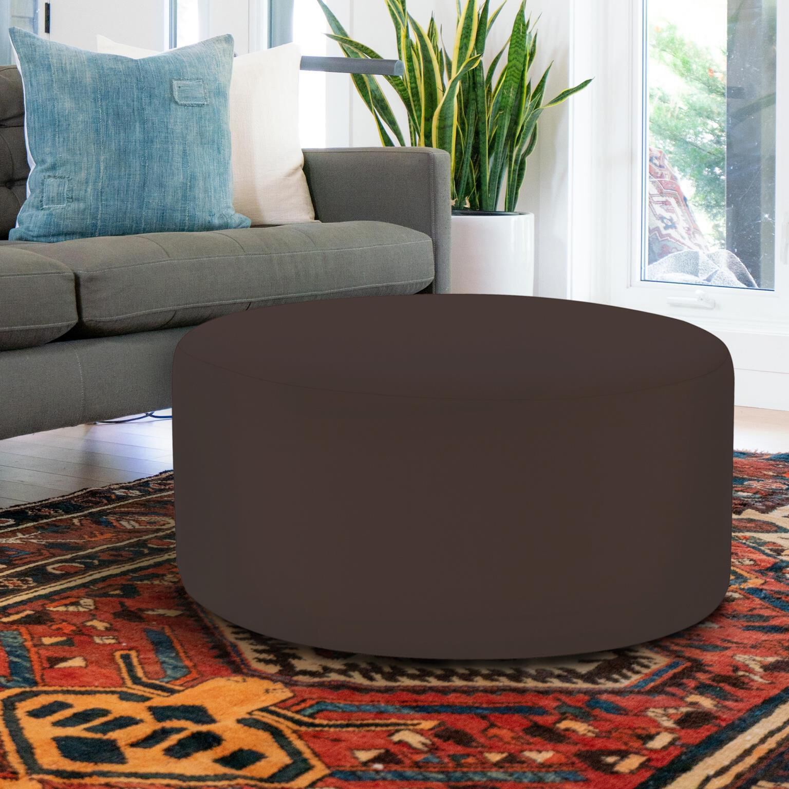 Universal 18 inch Seascape Chocolate Outdoor Round Ottoman with Slipcover