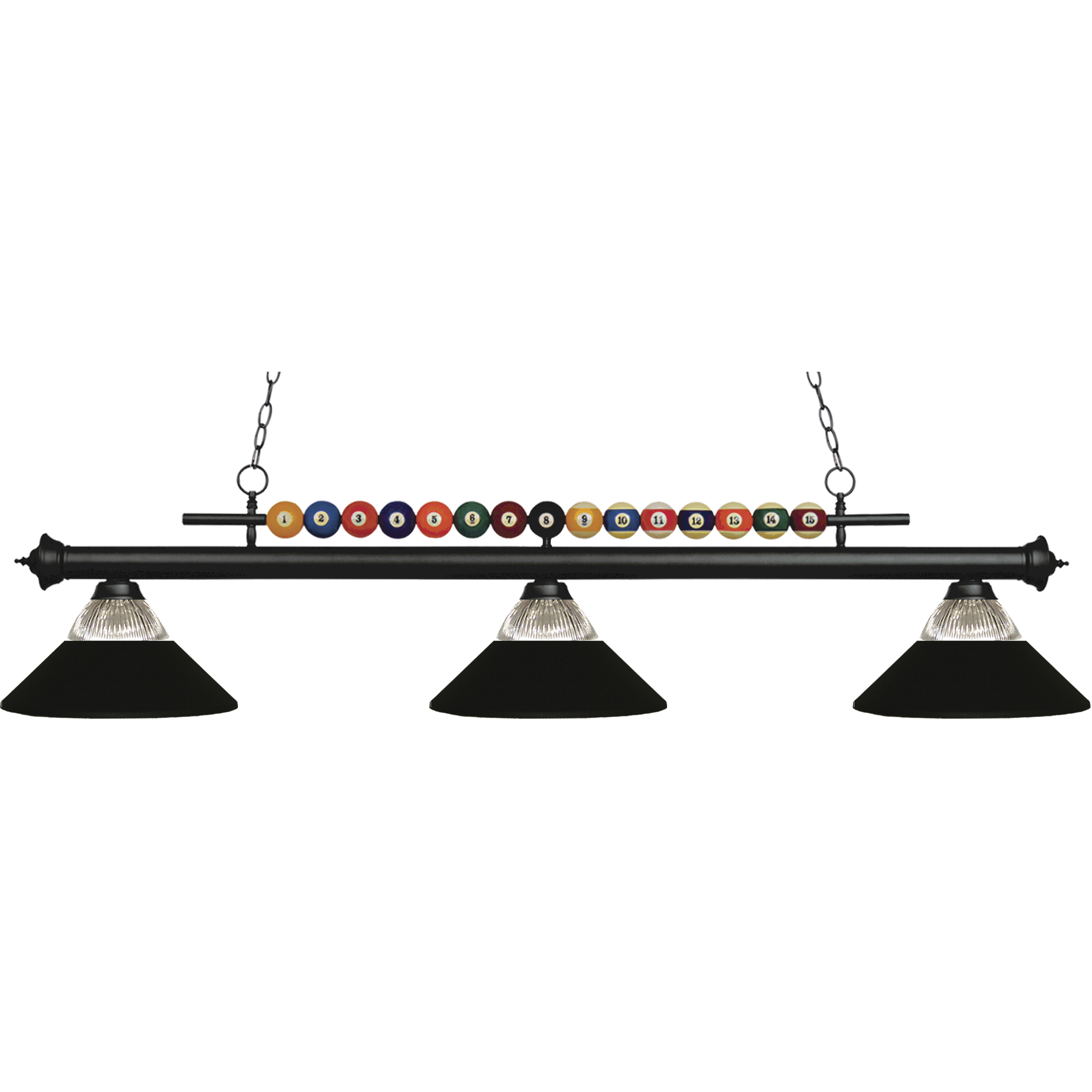 Shark 3 Light 58 inch Matte Black Billiard Ceiling Light in Clear Ribbed and Matte Black Glass and Steel