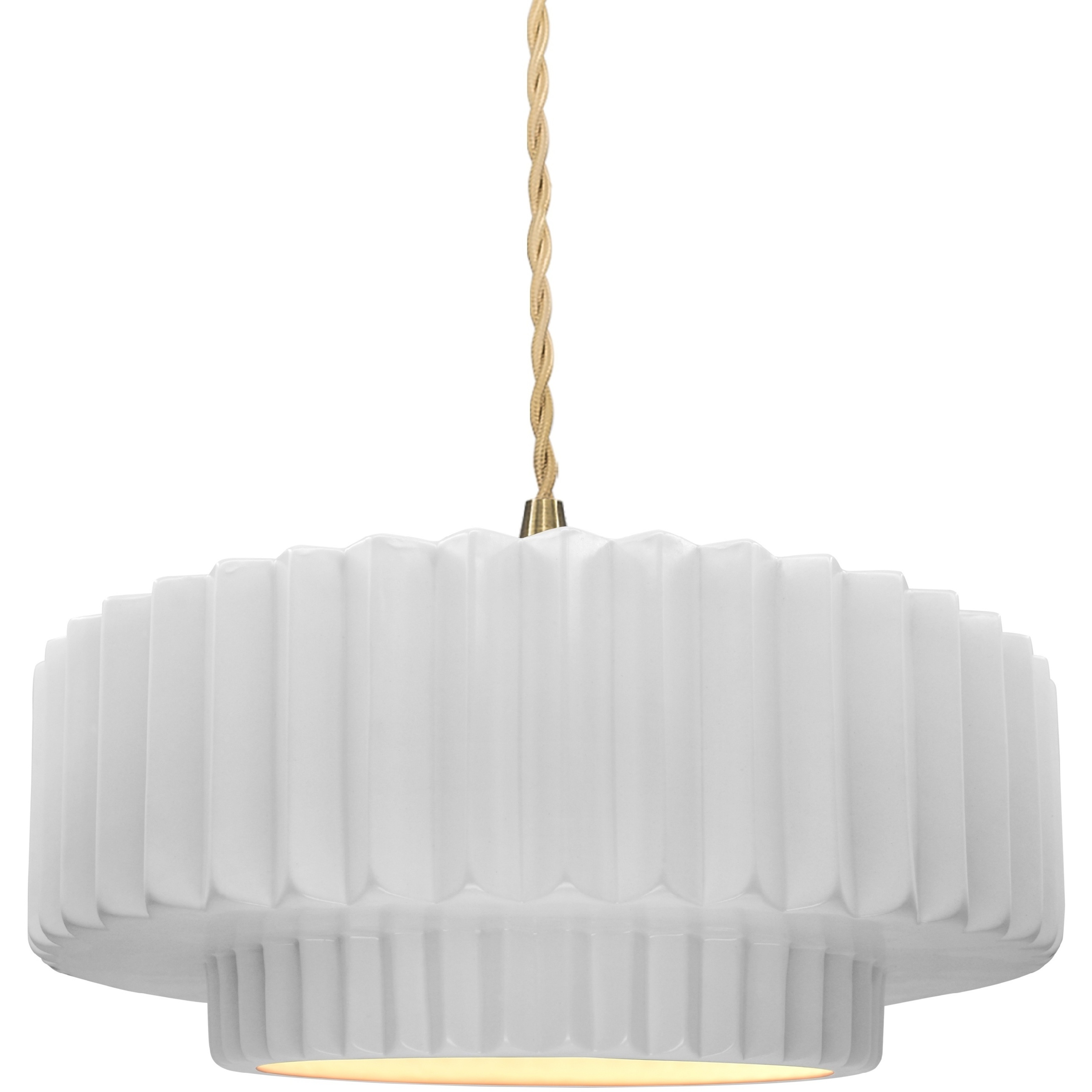 Radiance Collection - Pleated Tier Pendant Ceiling Light in Brushed Brass, Dedicated LED, Beige Twist Cord, Gloss White, 14.5W x 5.25H, Form+Finish+Function