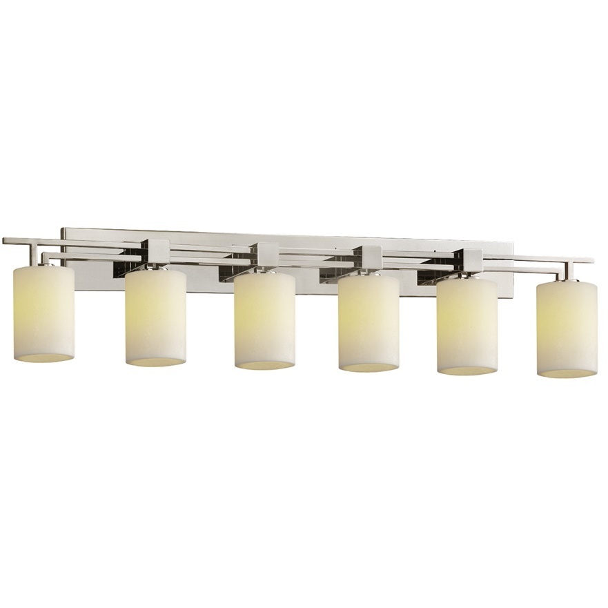 CandleAria 6 Light 56 inch Brushed Nickel Bath Bar Wall Light in Cream (CandleAria), Cylinder with Flat Rim, Incandescent, Cylinder w/ Flat Rim