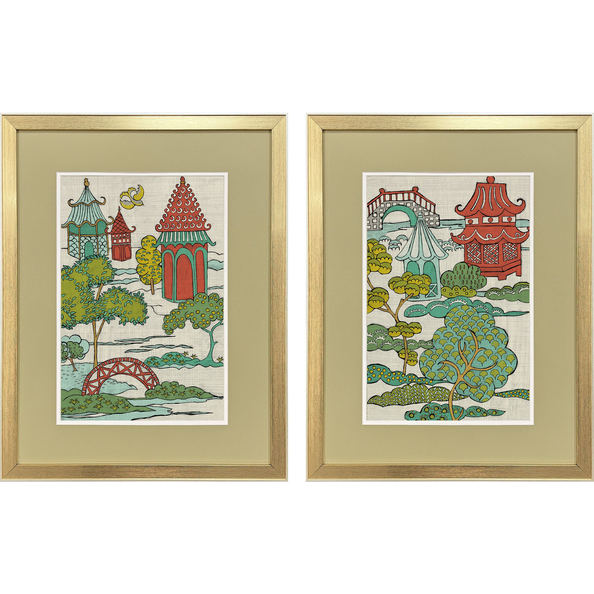 Pagoda Landscape Green and Red and Multi Framed Art, Propac