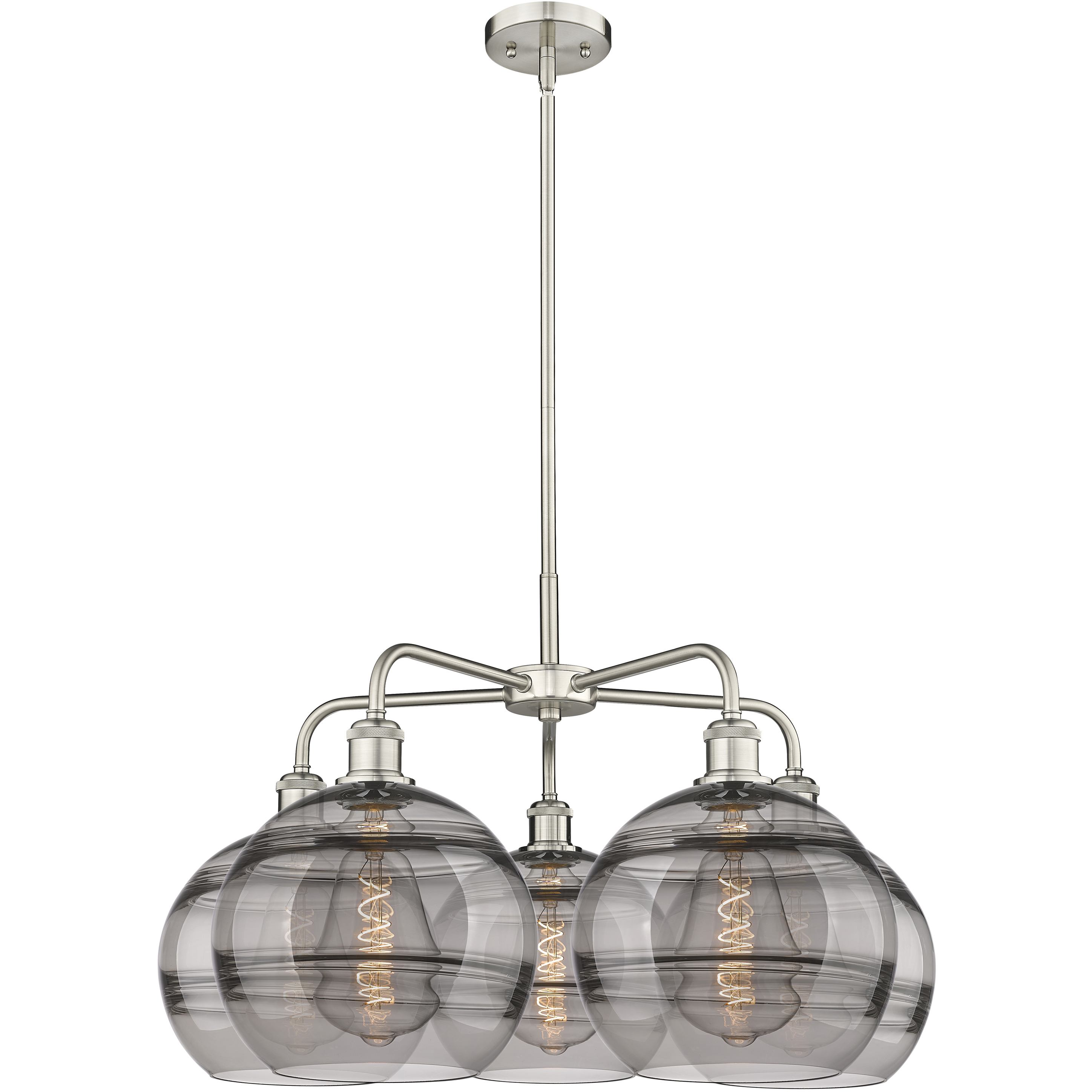 Ballston Rochester 5 Light 28 inch Satin Nickel Stem Hung Chandelier Ceiling Light in Light Smoke Glass