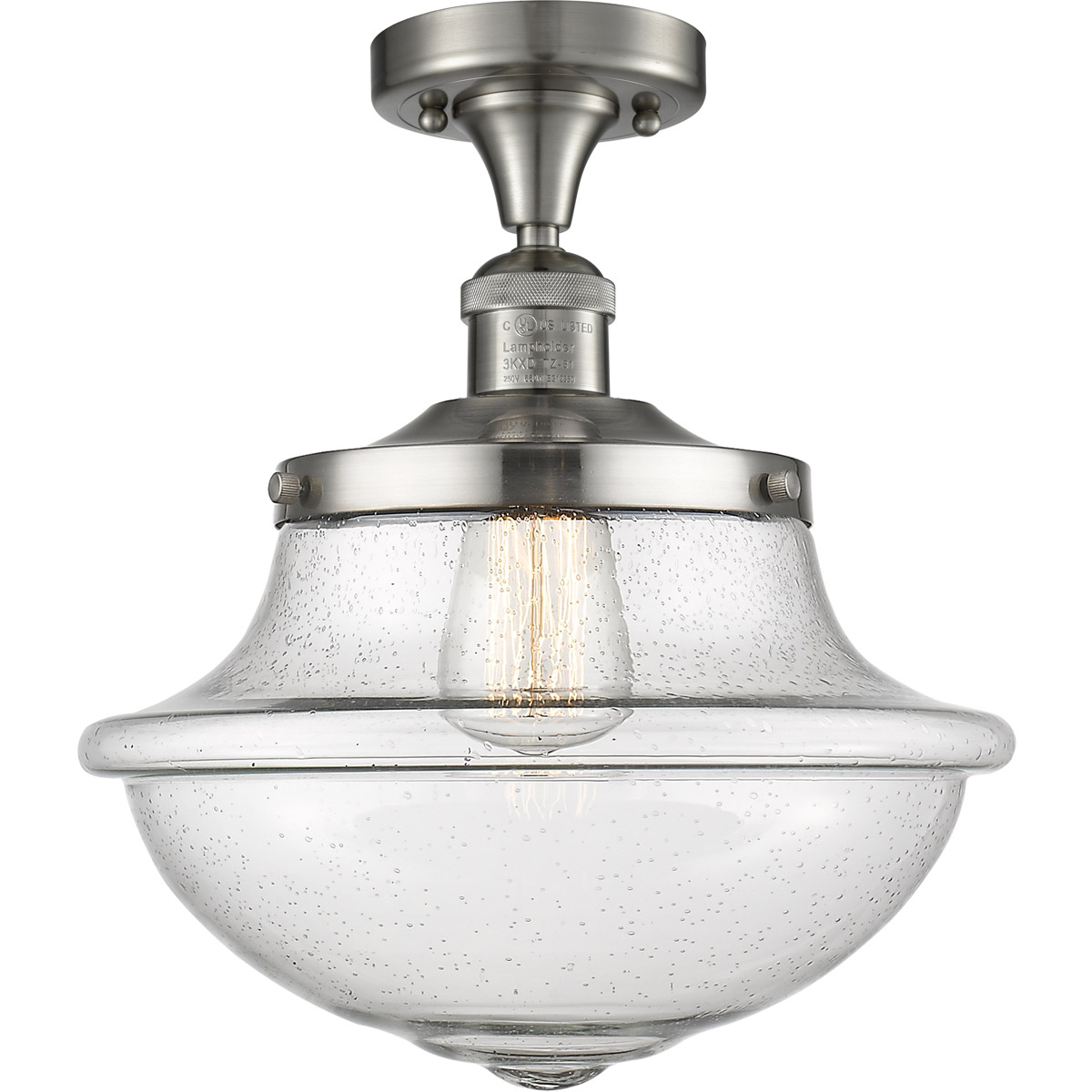 Franklin Restoration Large Oxford LED 12 inch Brushed Satin Nickel Semi-Flush Mount Ceiling Light in Seedy Glass, Franklin Restoration