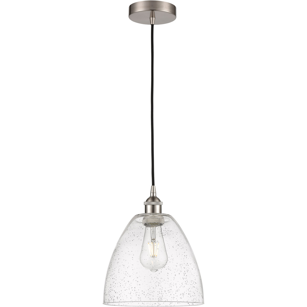 Edison Dome LED 9 inch Brushed Satin Nickel Mini Pendant Ceiling Light in Seedy Glass
