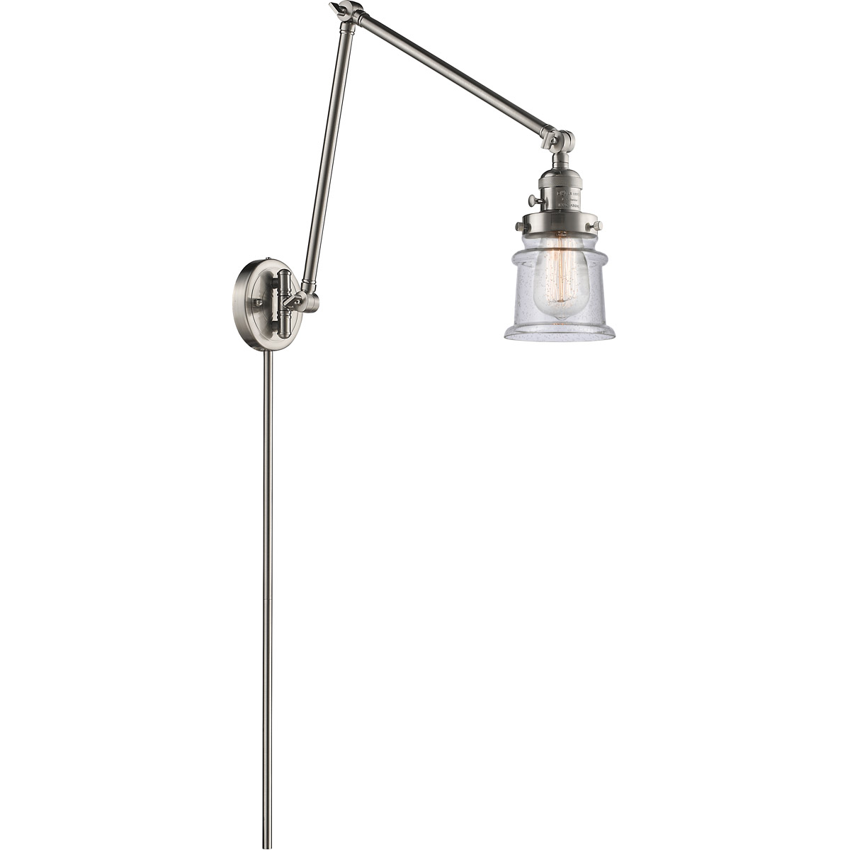 Small Canton 30 inch 3.5 watt Satin Nickel Swing Arm Wall Light in Brushed Satin Nickel, Seedy Glass, Franklin Restoration