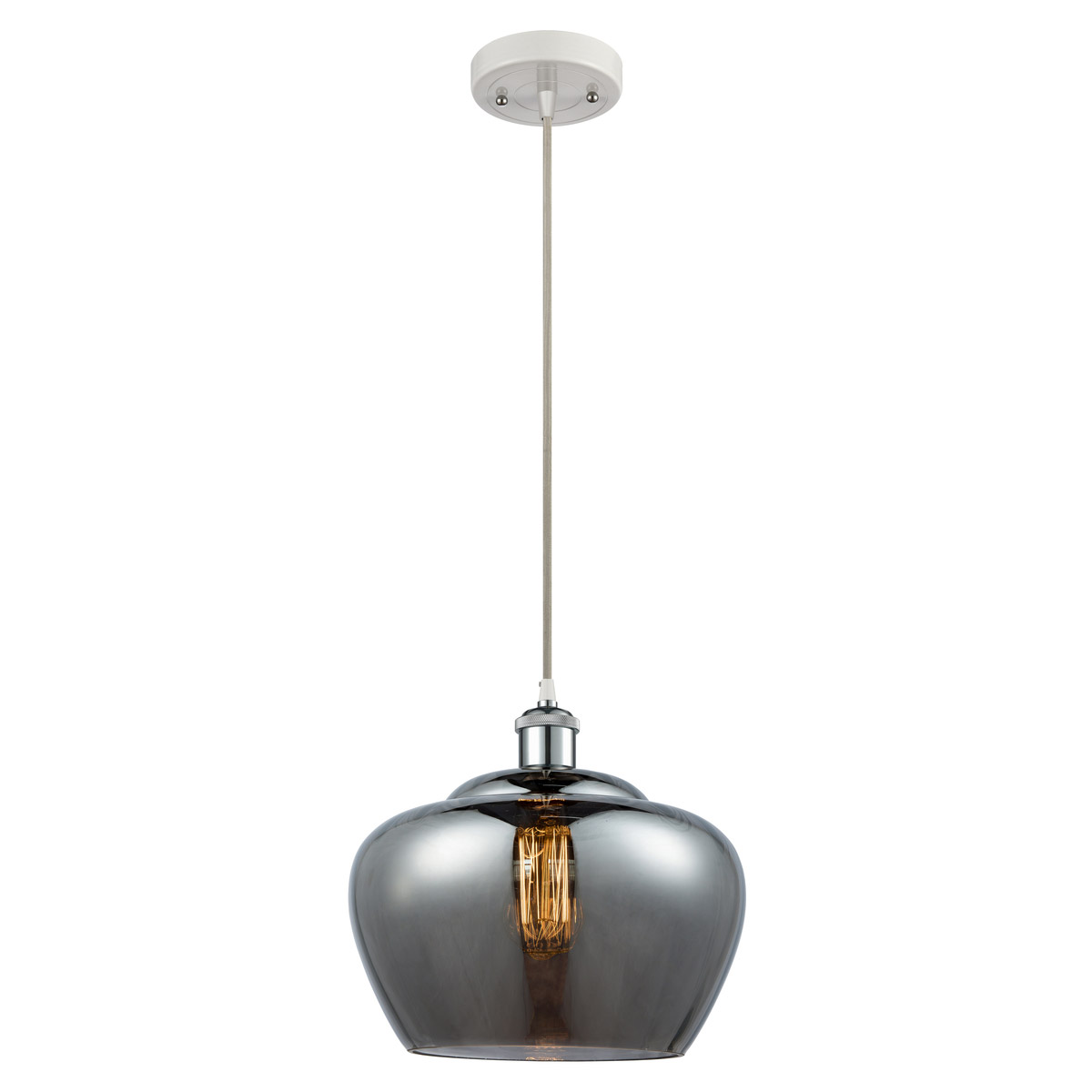 Ballston Large Fenton LED 11 inch White and Polished Chrome Mini Pendant Ceiling Light in Plated Smoke Glass, Ballston
