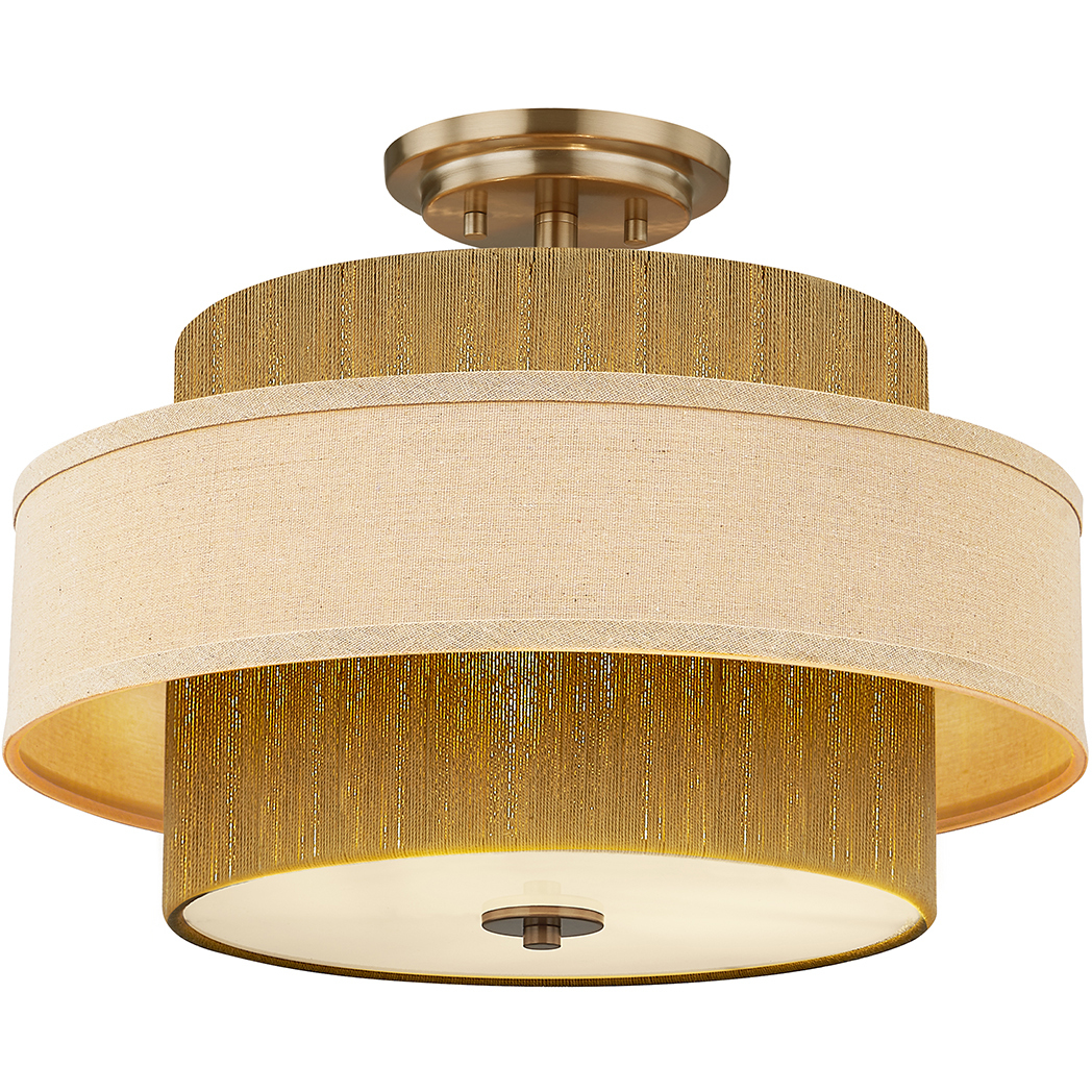 Textile Collection - Narberth Family 3 Light 18 inch Brushed Brass and Cream Linen Semi-Flush Ceiling Light, EVOLV