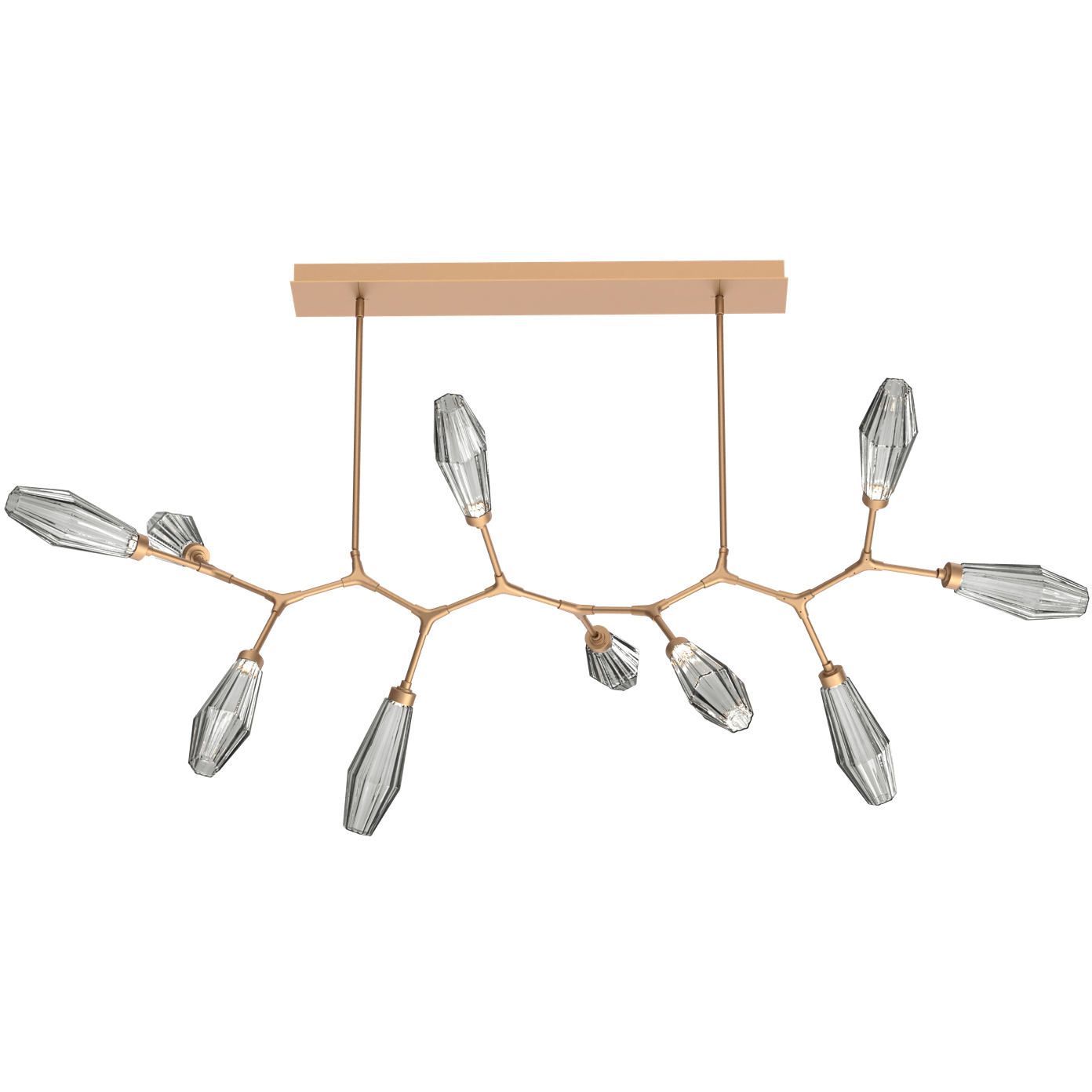 Aalto LED Novel Brass Linear Pendant Ceiling Light in 3000K LED, Optic Rib Smoke, Branch