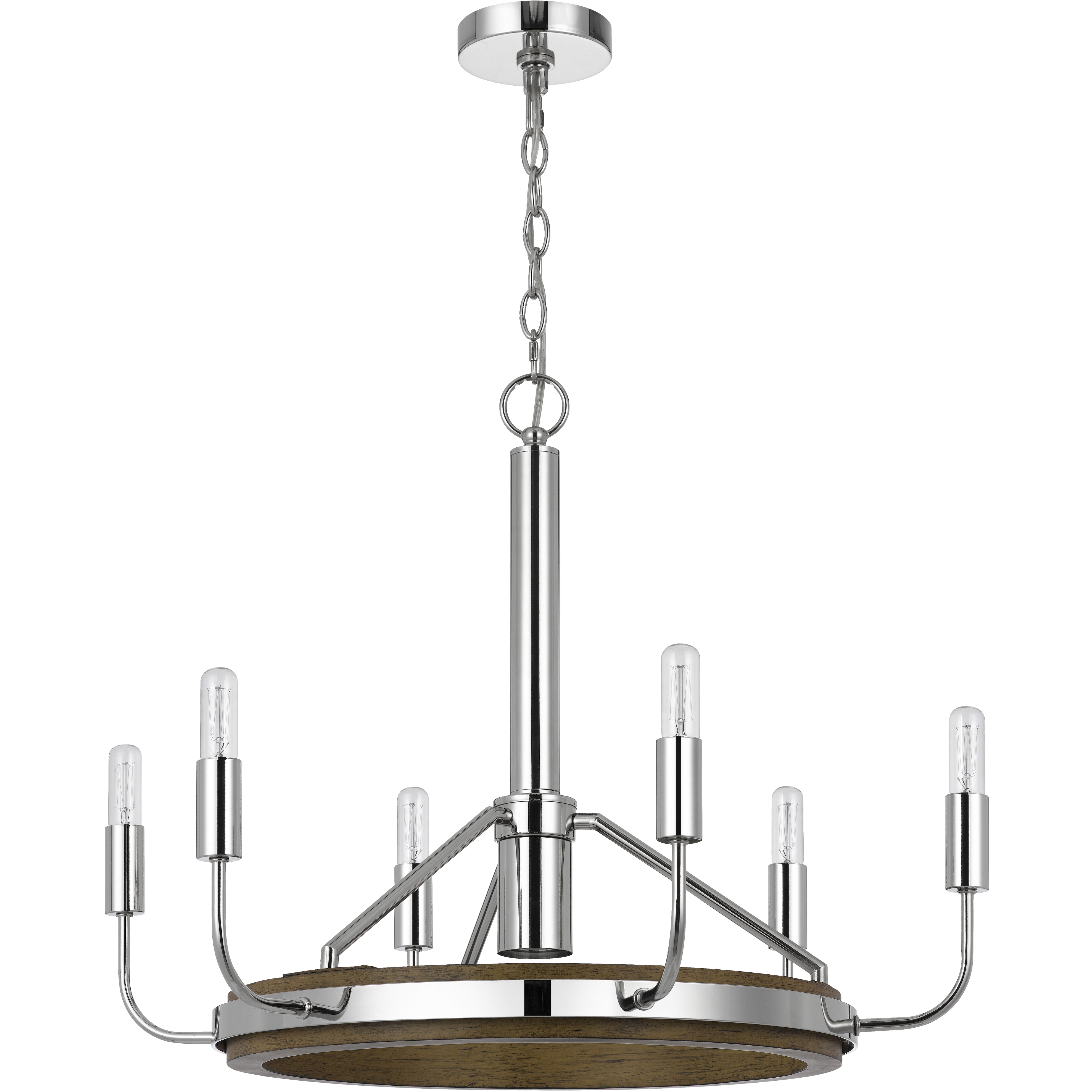 Saluda 6 Light 26 inch Chrome and Oak Chandelier Ceiling Light, Candelabra Style