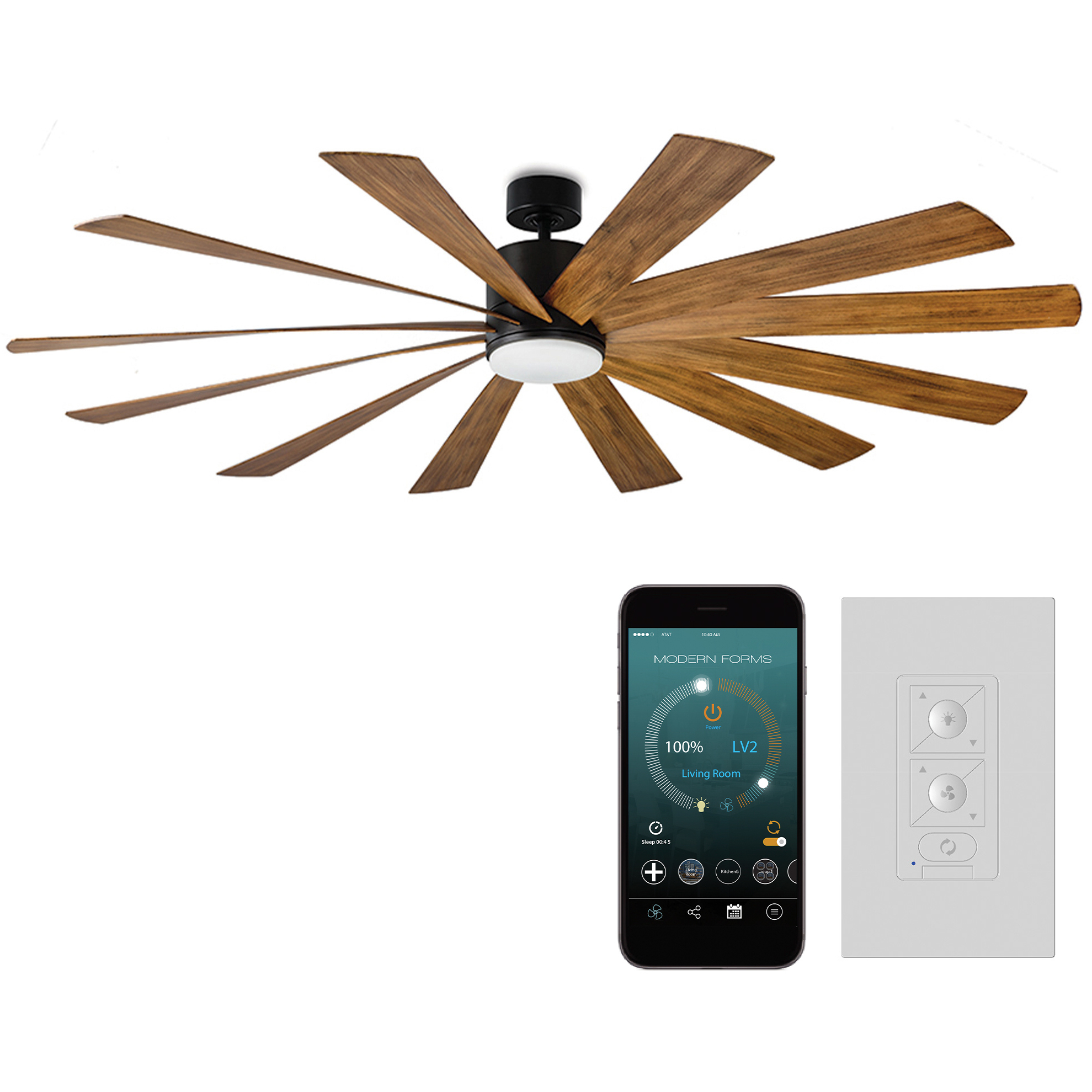 Windflower 80 inch Matte Black and Distressed Koa with Distressed Koa Blades Downrod Ceiling Fan in 3000K, Matte Black Distressed Koa, Smart Ceiling Fan