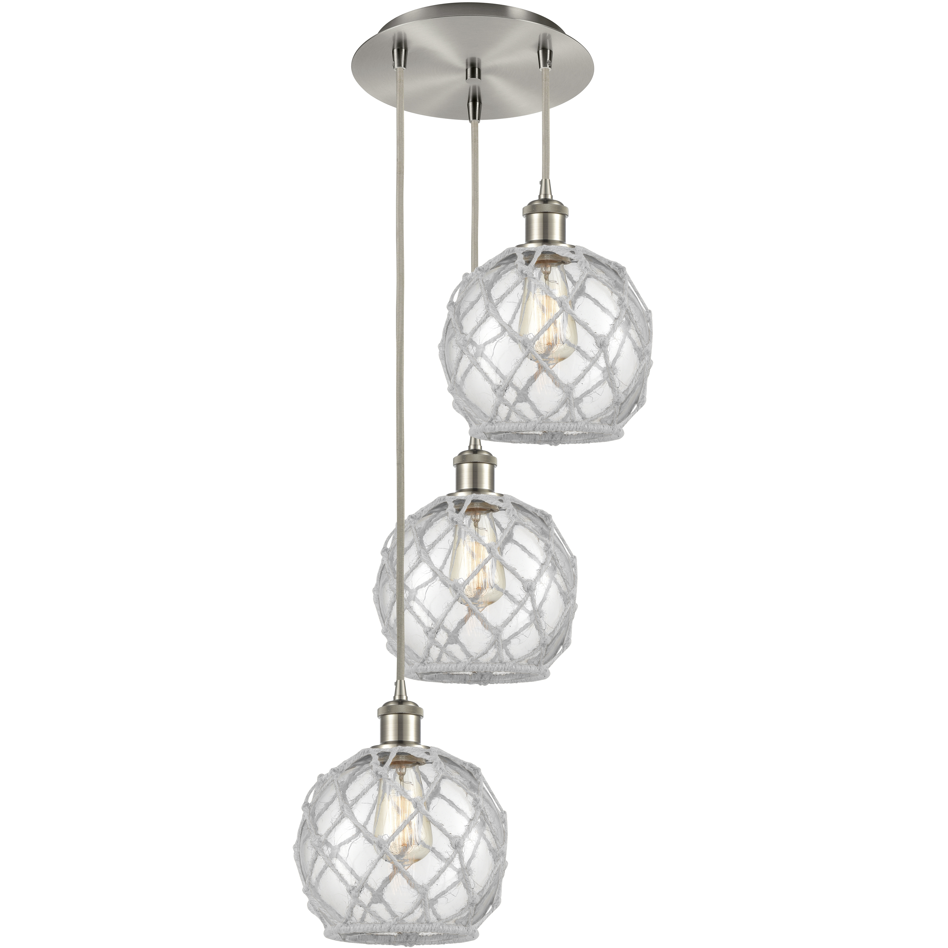 Ballston Farmhouse Rope 3 Light 14.75 inch Brushed Satin Nickel Multi Pendant Ceiling Light in Clear Glass with White Rope