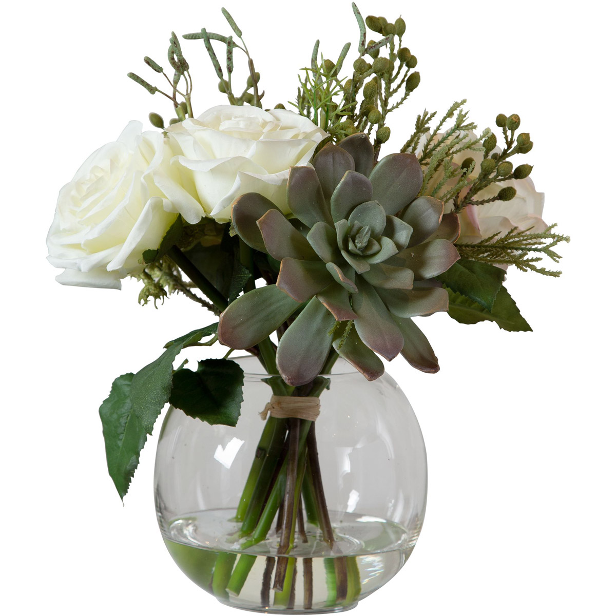 Belmonte Green and Cream with Clear Glass Floral Bouquet and Vase