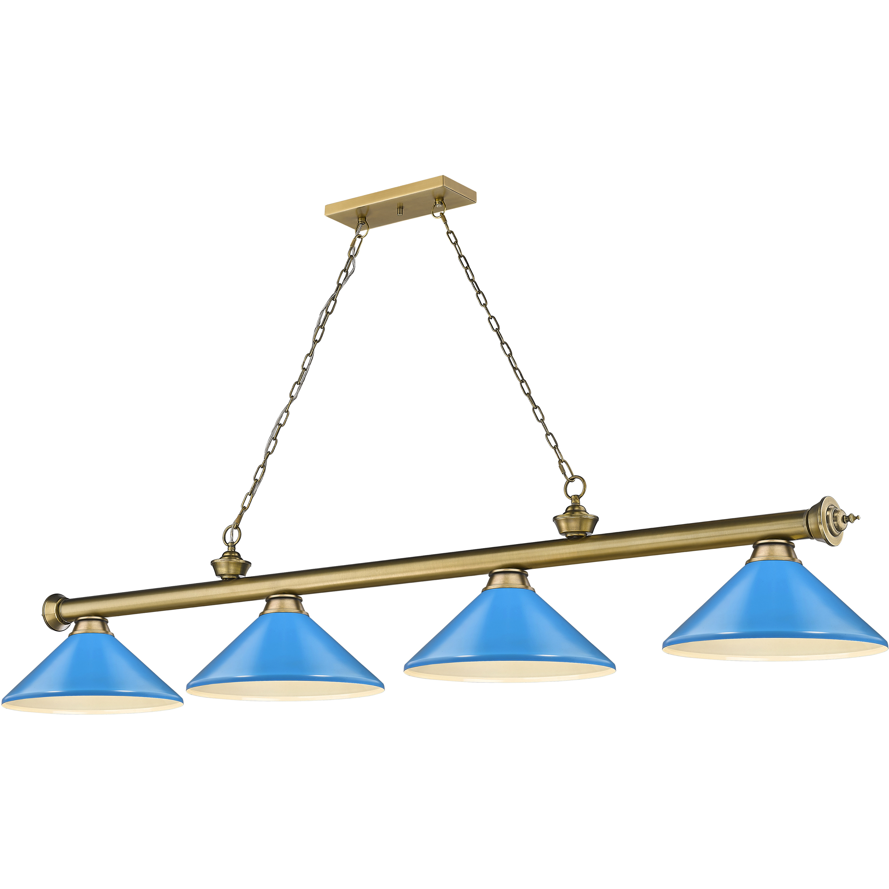 Cordon 4 Light 81.75 inch Rubbed Brass Billiard Ceiling Light in Electric Blue Steel