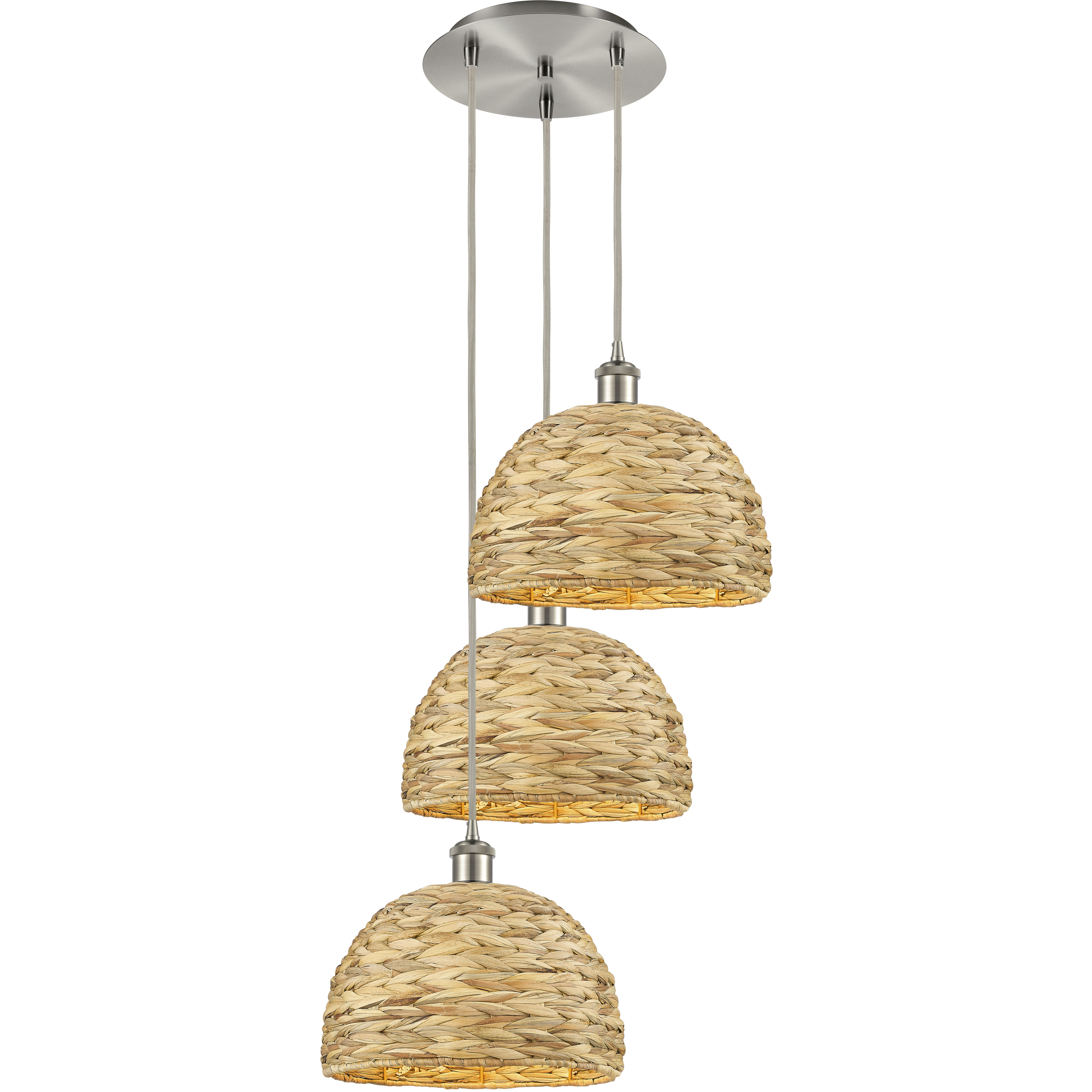 Woven Rattan 3 Light 18.5 inch Brushed Satin Nickel Multi Pendant Ceiling Light