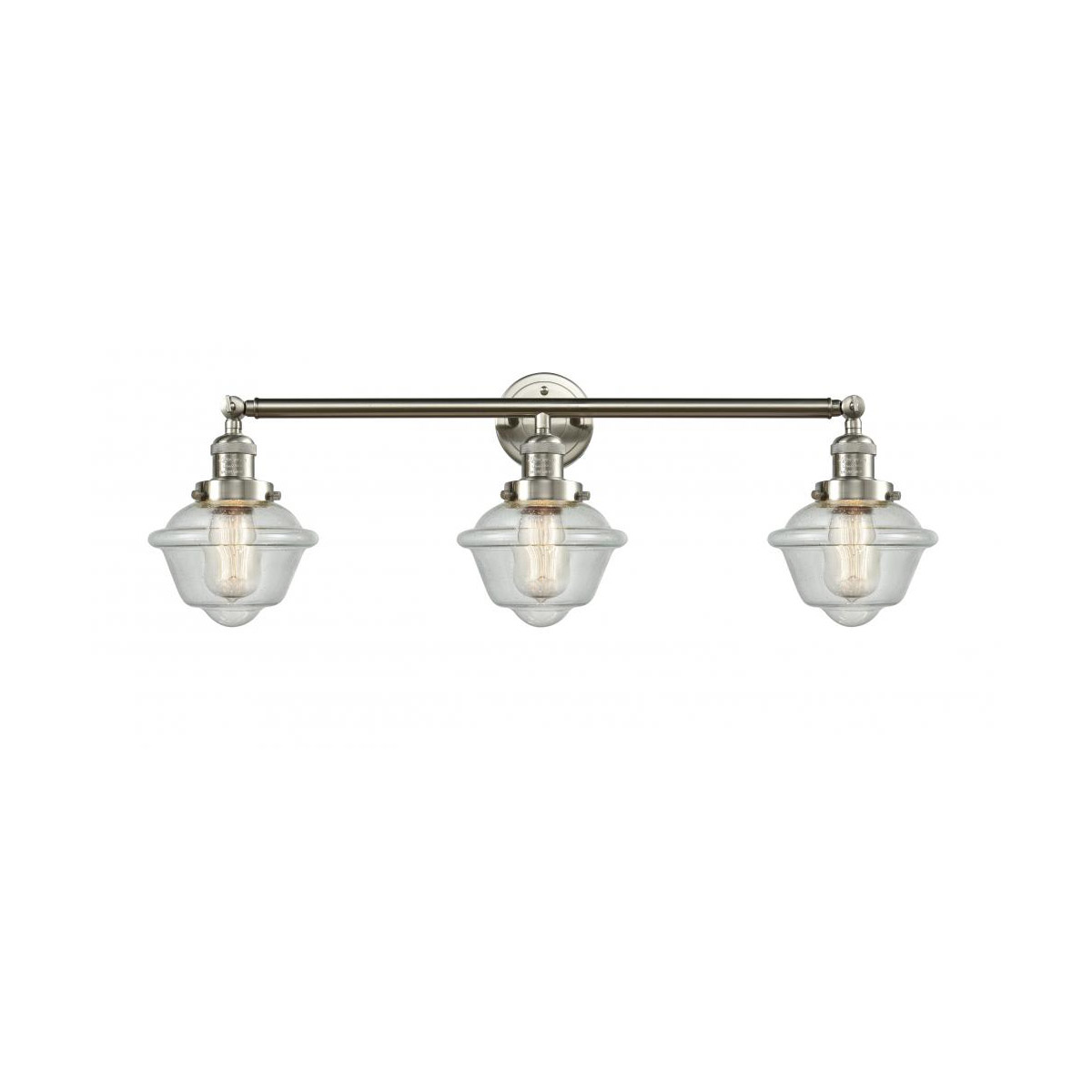 Franklin Restoration Small Oxford 3 Light 34 inch Brushed Satin Nickel Bath Vanity Light Wall Light in Seedy Glass, Franklin Restoration