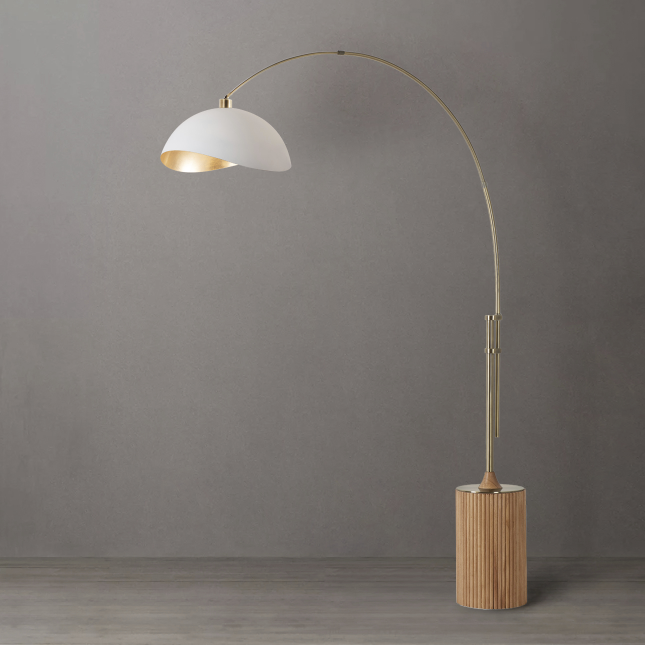 Tambo 92 inch 14 watt Weathered Brass and Natural Ash Arc Floor Lamp Portable Light in Matte White and Gold Steel