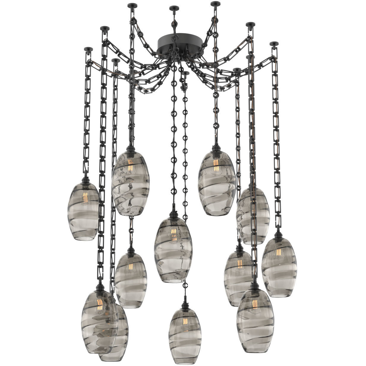 Ellisse 12 Light 15.5 inch Matte Black Swag Multi-Pendant Ceiling Light in Optic Rib Smoke, Rectangular Chain
