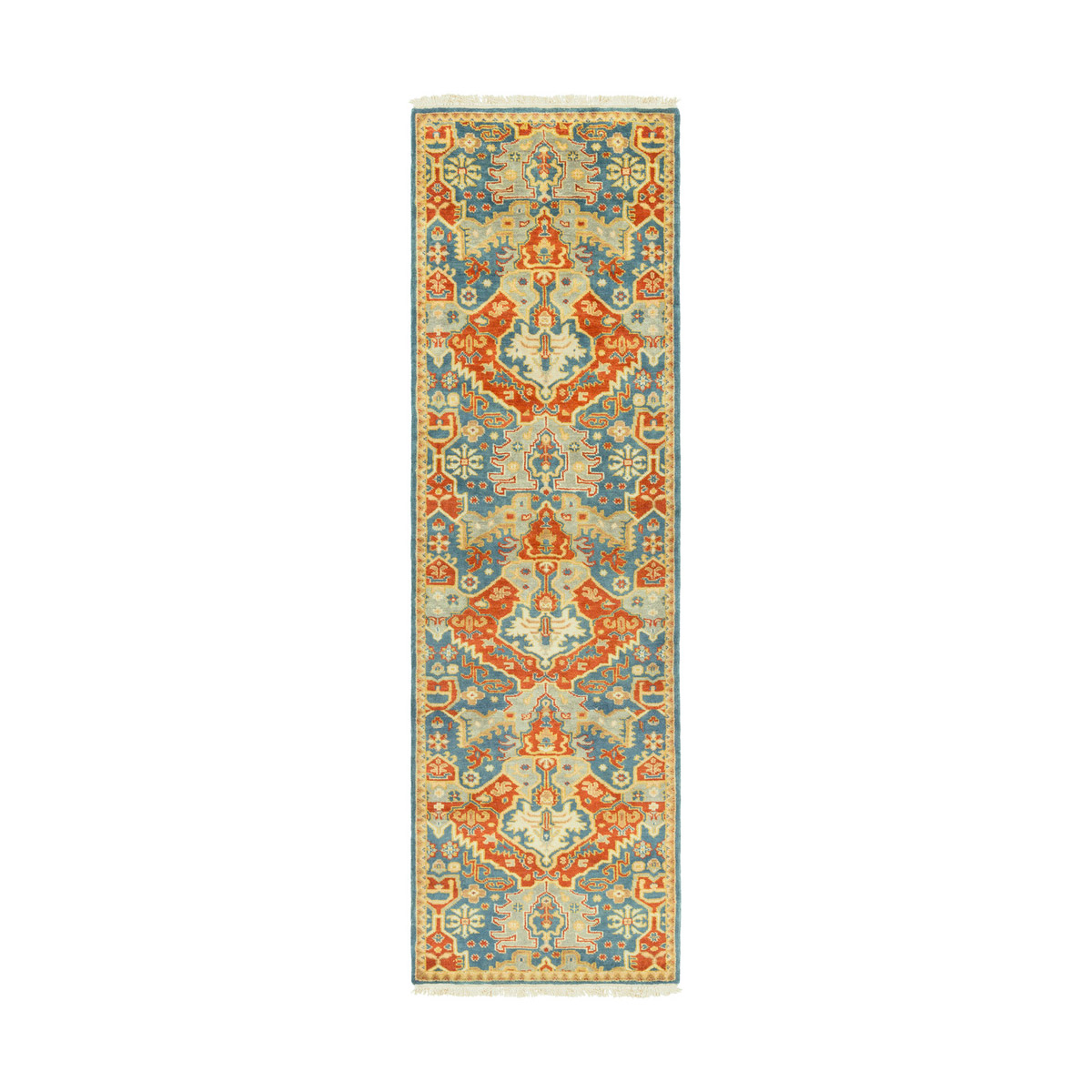 Antolya 96 X 30 inch Sky Blue/Burnt Orange/Wheat/Dark Green/Khaki/Tan Rugs, Wool