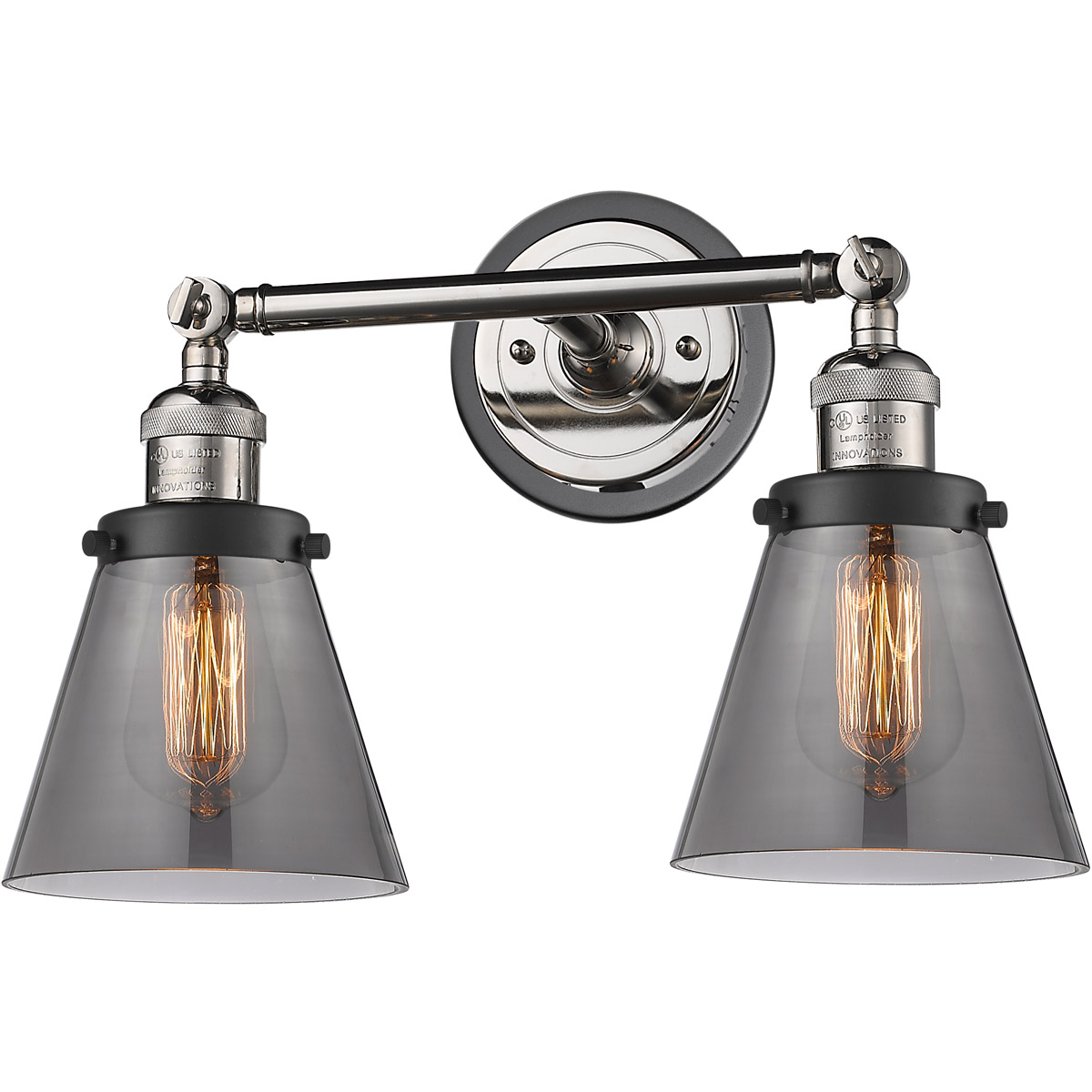 Franklin Restoration Small Cone 2 Light 16 inch Polished Nickel/Matte Black Bath Vanity Light Wall Light in Plated Smoke Glass