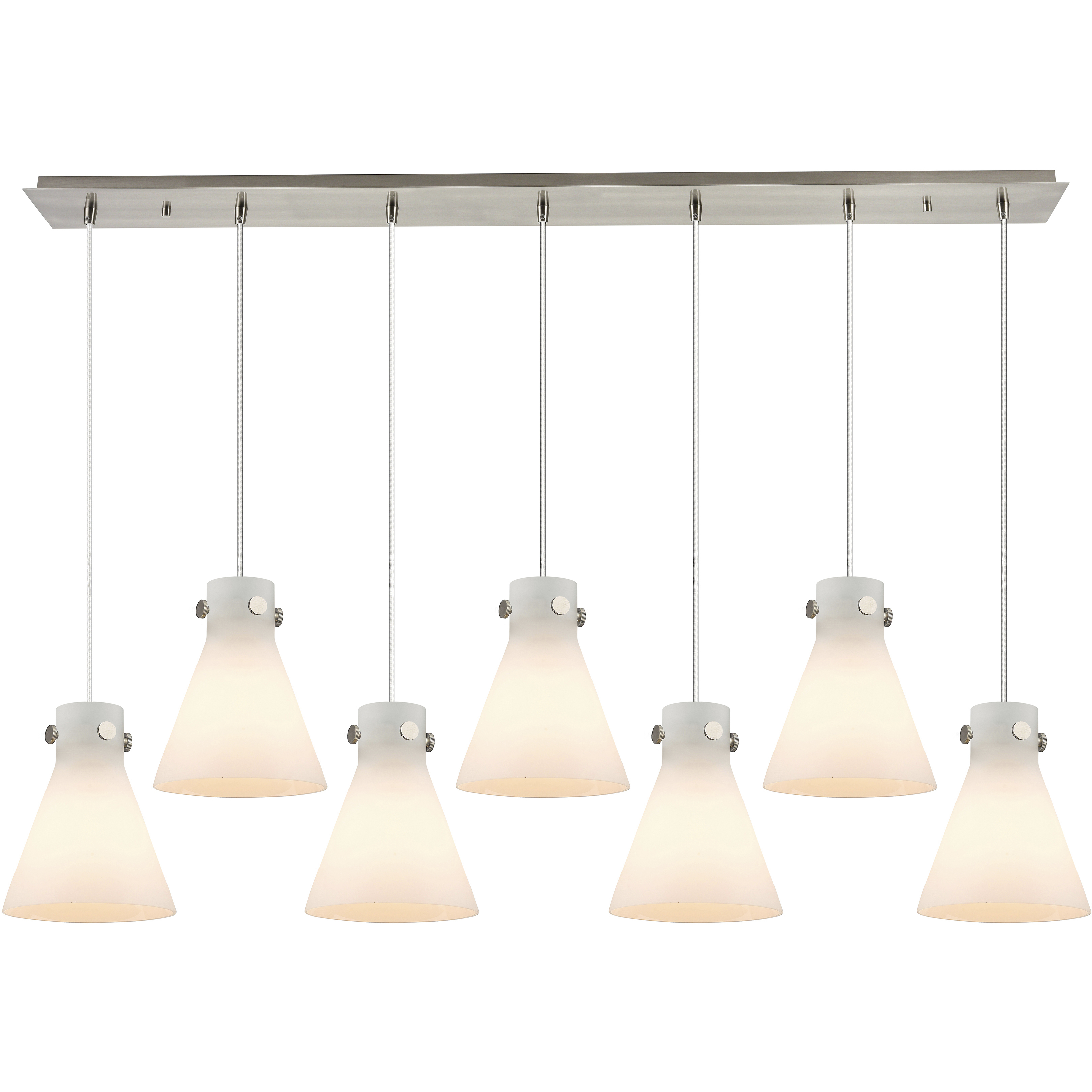 Newton Cone 7 Light 51.75 inch Brushed Satin Nickel Linear Pendant Ceiling Light in White Glass
