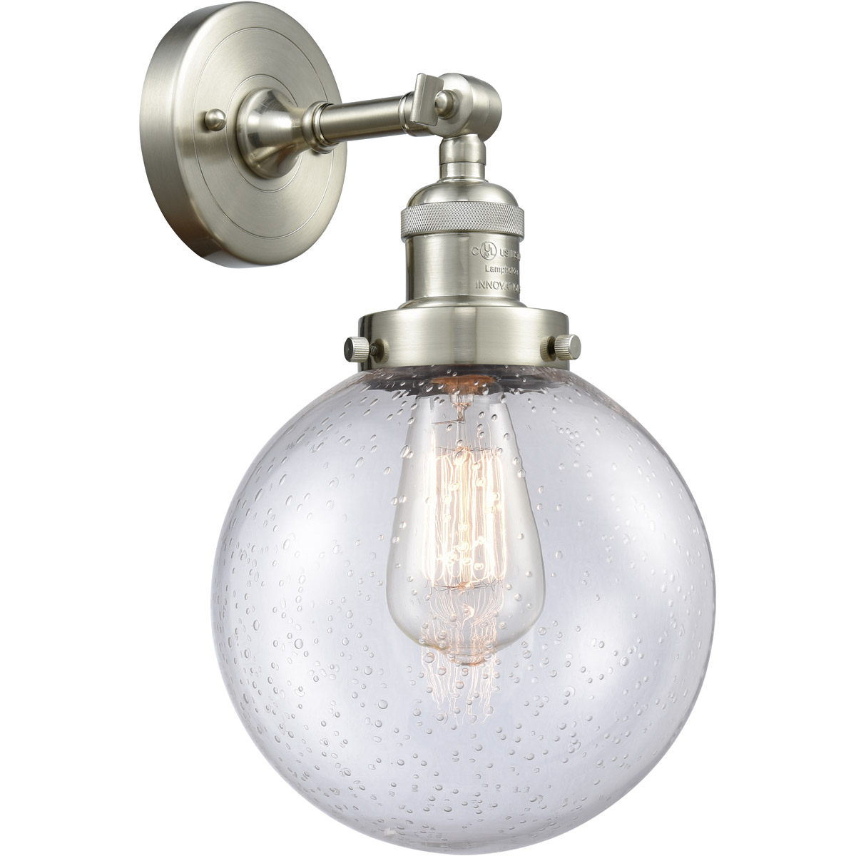 Franklin Restoration Large Beacon LED 8 inch Brushed Satin Nickel Sconce Wall Light in Seedy Glass, Franklin Restoration