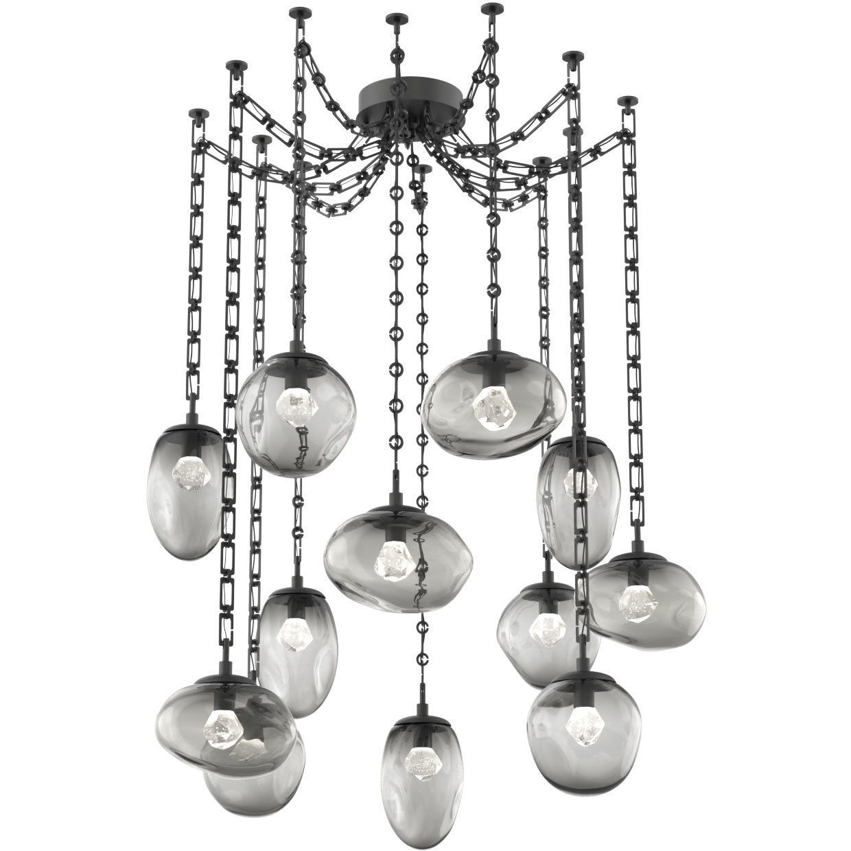 Cosmos LED 17 inch Matte Black Swag Multi-Pendant Ceiling Light in 3000K LED, Zircon Inner - Smoke Outer, Rectangular Chain