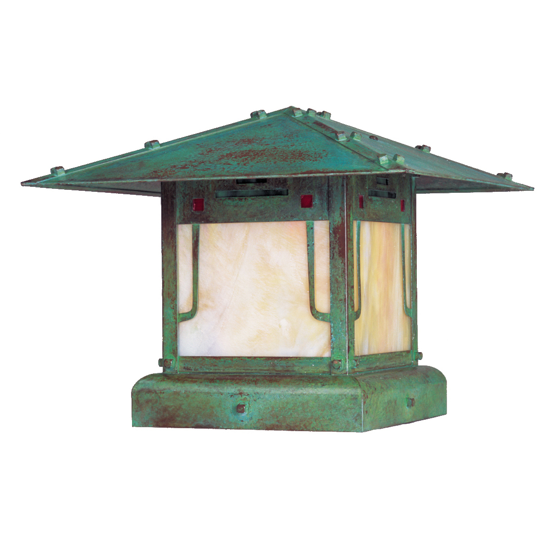 Pagoda 1 Light 9.5 inch Verdigris Patina Outdoor Column Mount in Amber Mica