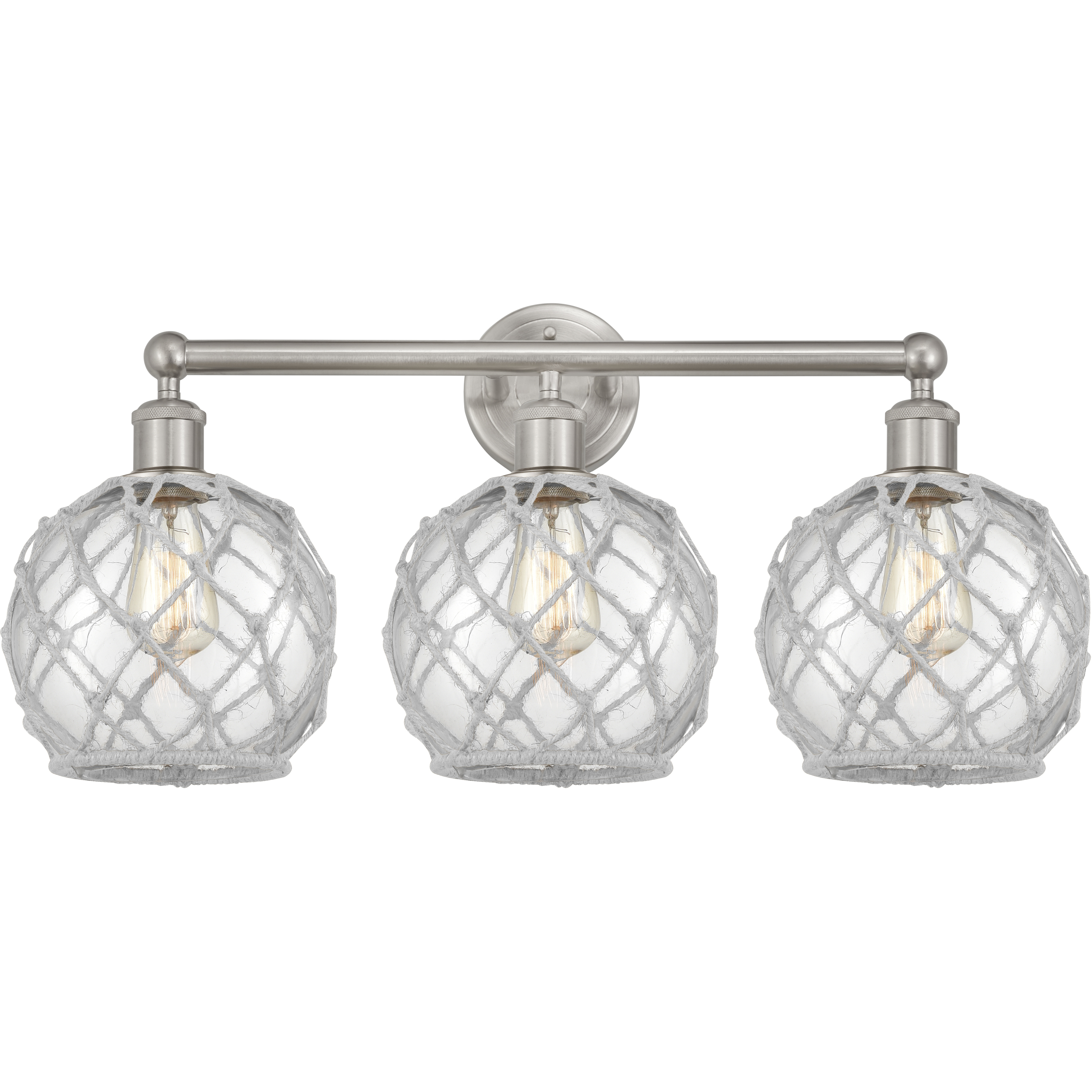 Edison Farmhouse Rope 3 Light 26 inch Brushed Satin Nickel Bath Vanity Light Wall Light in Clear Glass with White Rope