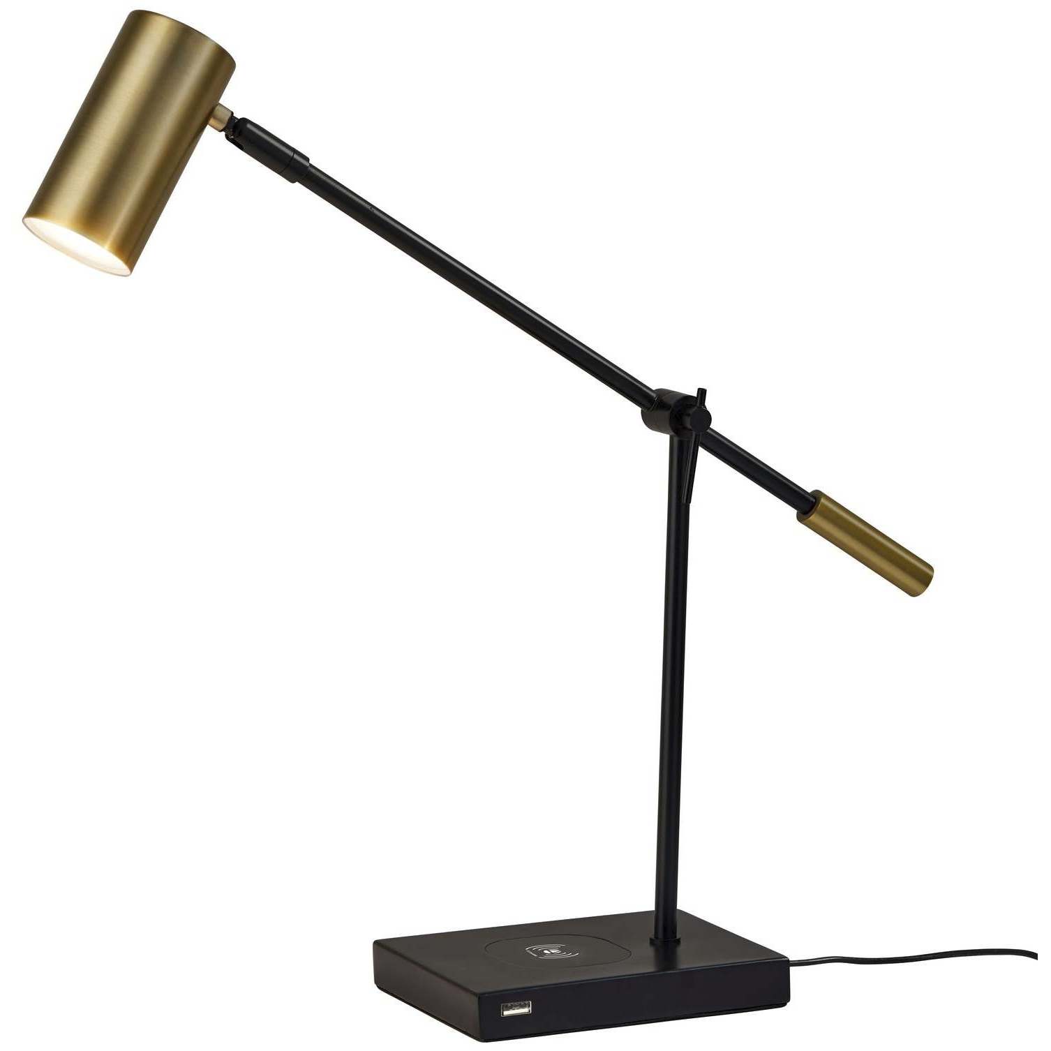 Collette 12 inch 7.00 watt Black and Antique Brass Desk Lamp Portable Light, with AdessoCharge Wireless Charging Pad and USB Port