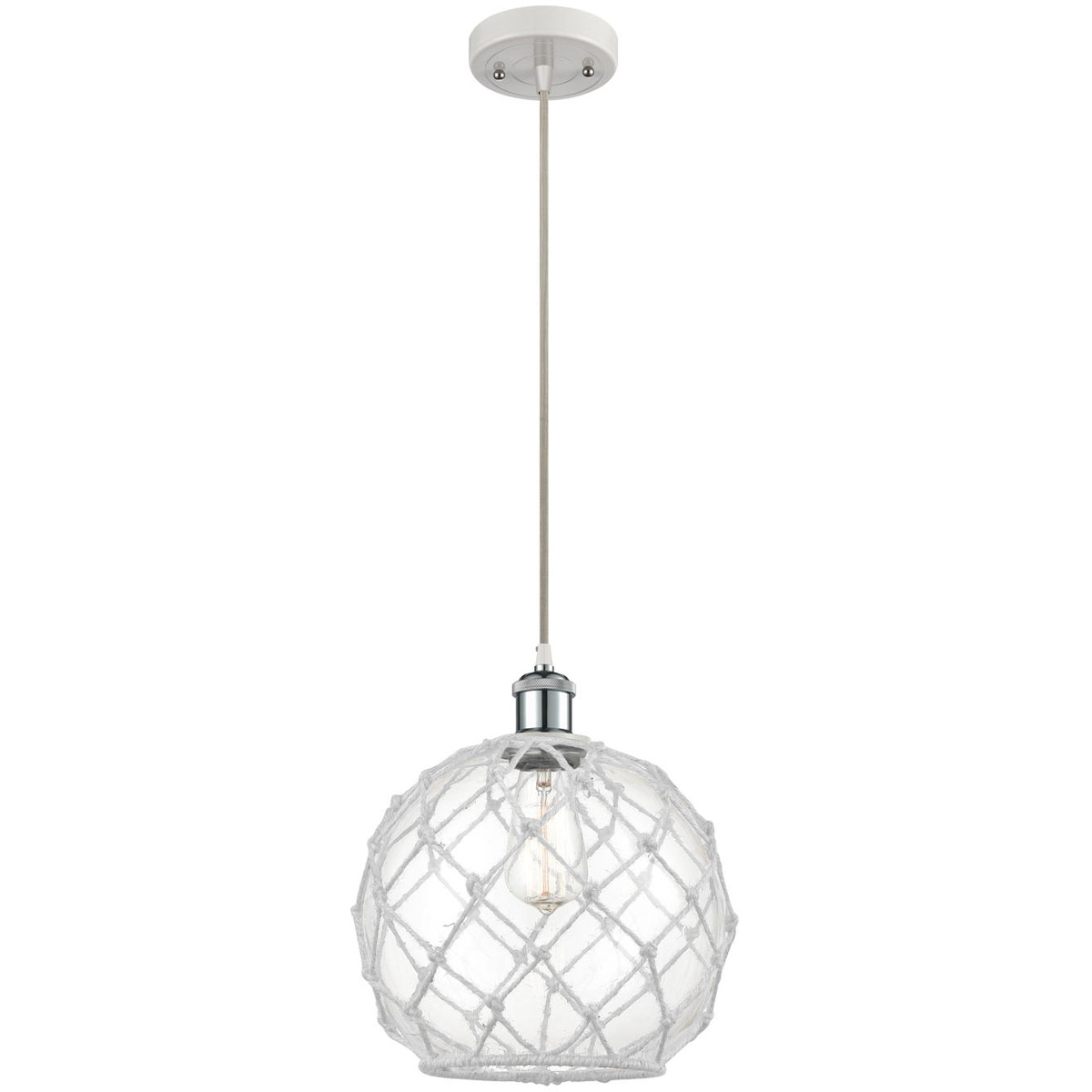 Ballston Large Farmhouse Rope LED 10 inch White and Polished Chrome Mini Pendant Ceiling Light in Clear Glass with White Rope, Ballston