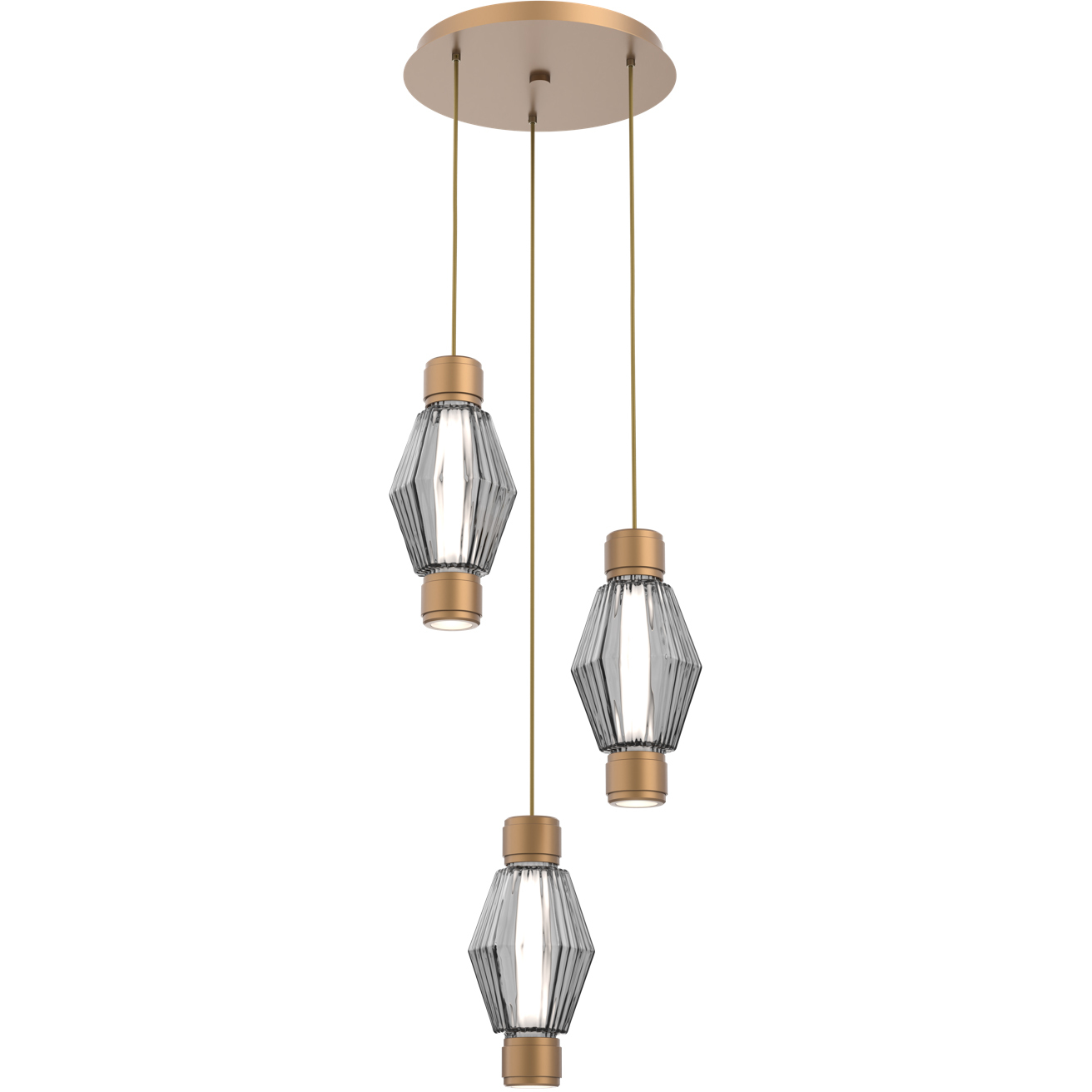 Aalto Mandrel LED Novel Brass Multi Pendant Chandelier Ceiling Light in 3000K LED, Optic Rib Smoke