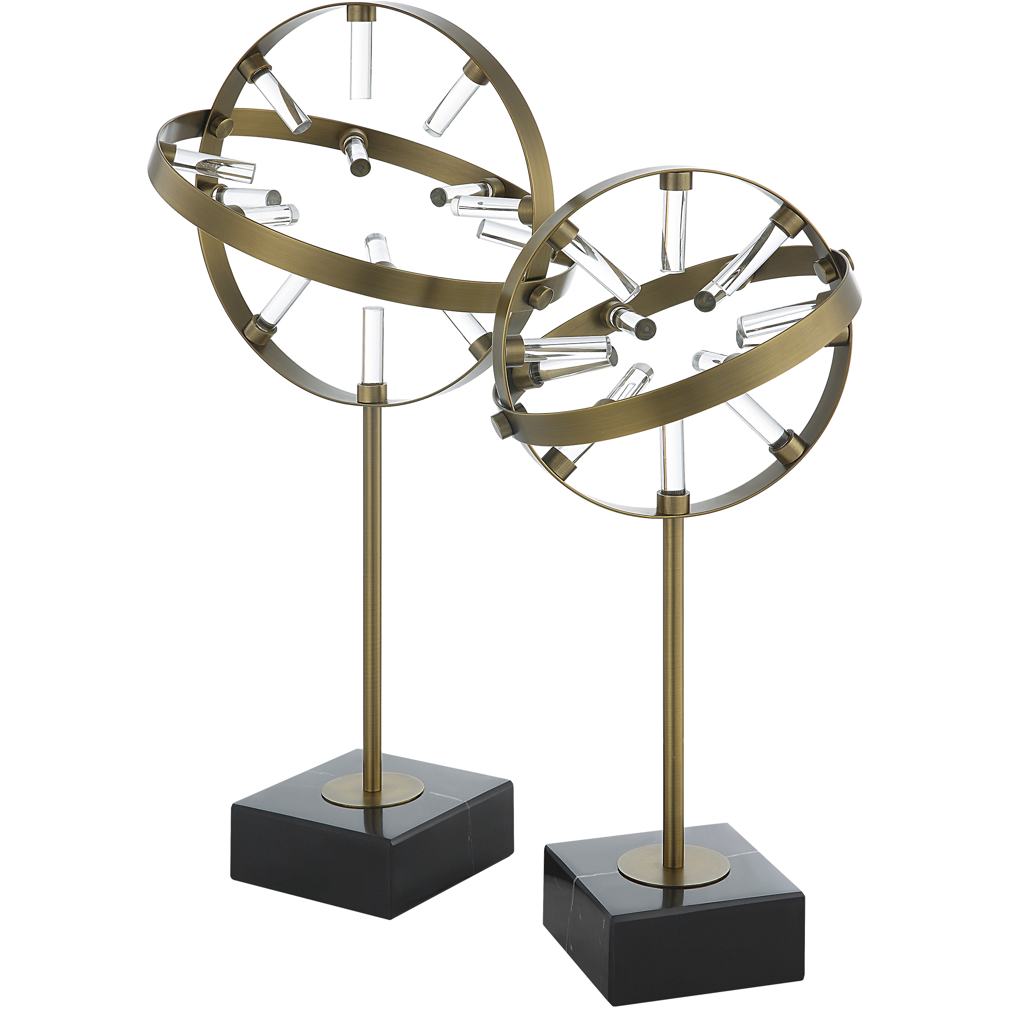 Realm Plated Brass with Crystal and Black Marble Spherical Sculptures, Set of 2