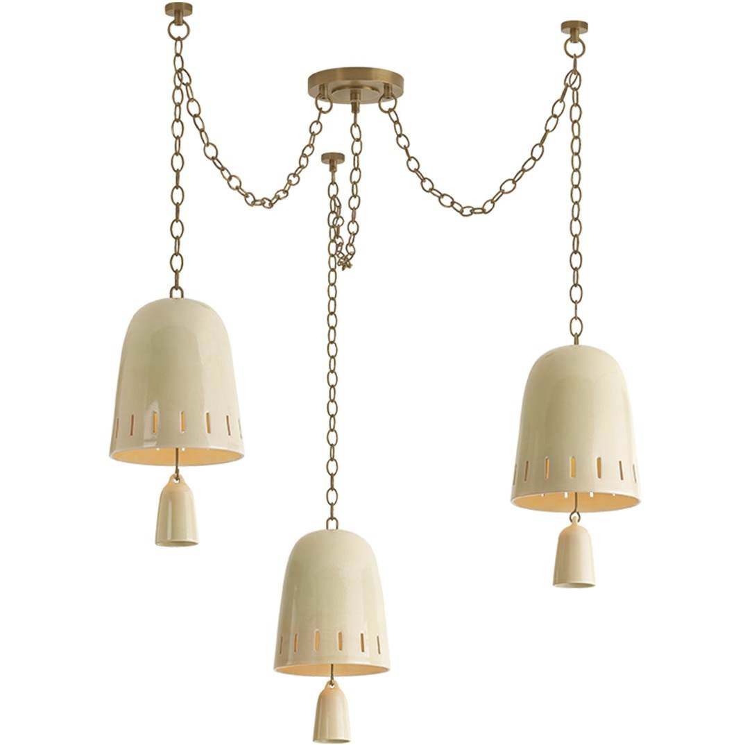 Omi 3 Light 36 inch Patina Brass and Ceramic Ivory Crackle Chandelier Ceiling Light