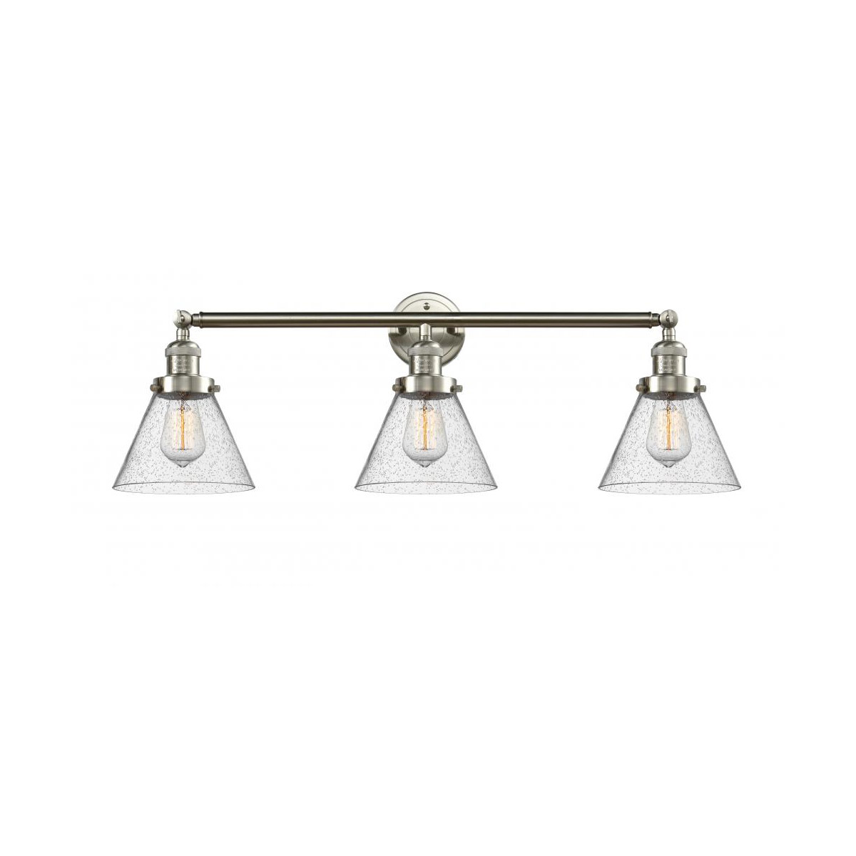 Franklin Restoration Large Cone 3 Light 32 inch Brushed Satin Nickel Bath Vanity Light Wall Light in Seedy Glass, Franklin Restoration