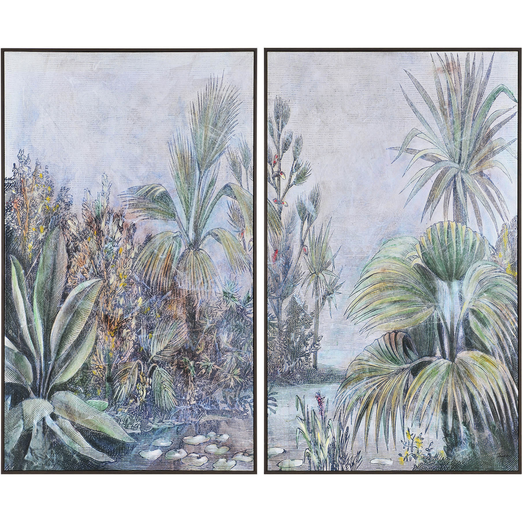 Labyrinth Multicolor and Walnut with Off-White Canvas Art, Set of 2