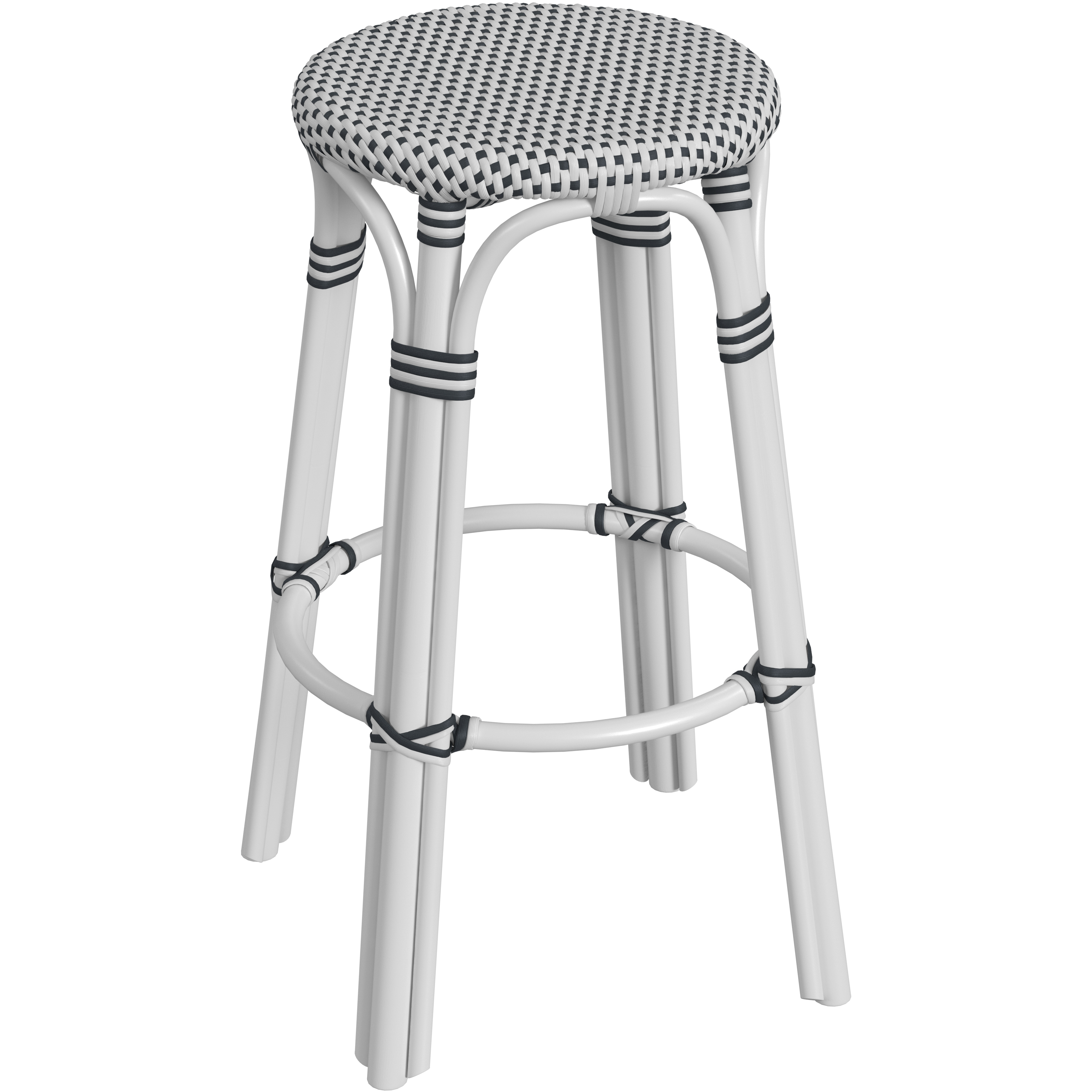 Tobias Round Rattan 30" Bar Stool in White and Black Dot