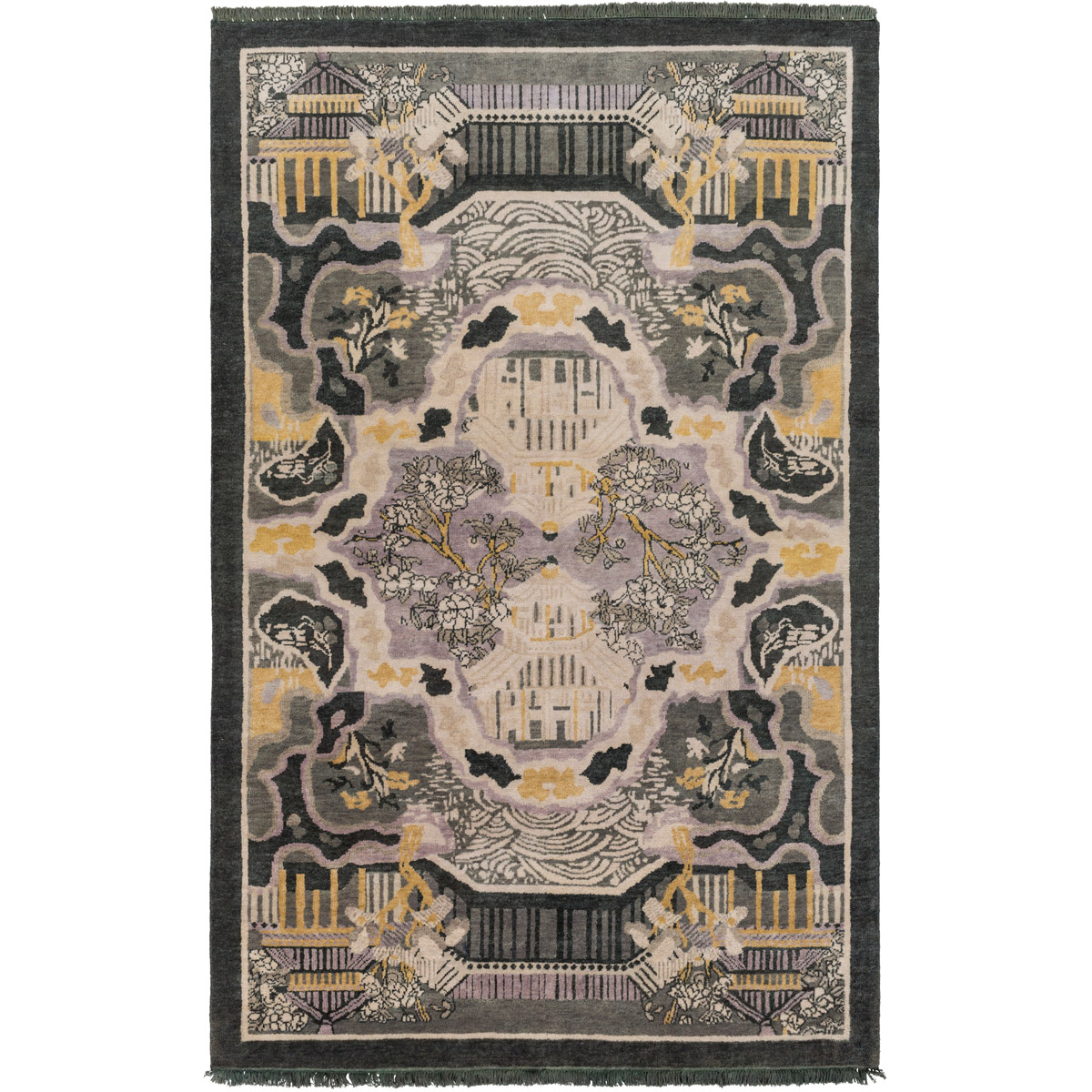 Geisha 96 X 60 inch Dark Green, Tan, Ivory, Mauve, Medium Gray Rug